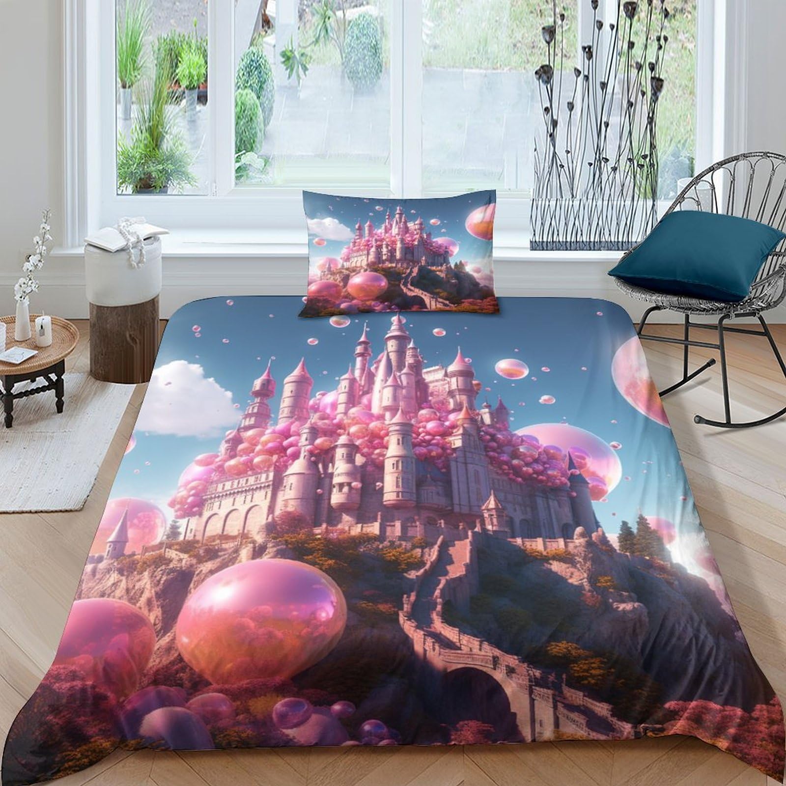 GOOSMI Dream Castle Duvet Cover Set 3D Printed Soft Microfiber Quilt Covers Castle Comforter Cover for Boys Girls Bedding Set with Pillowcase with Zipper Closure Single（135x200cm）