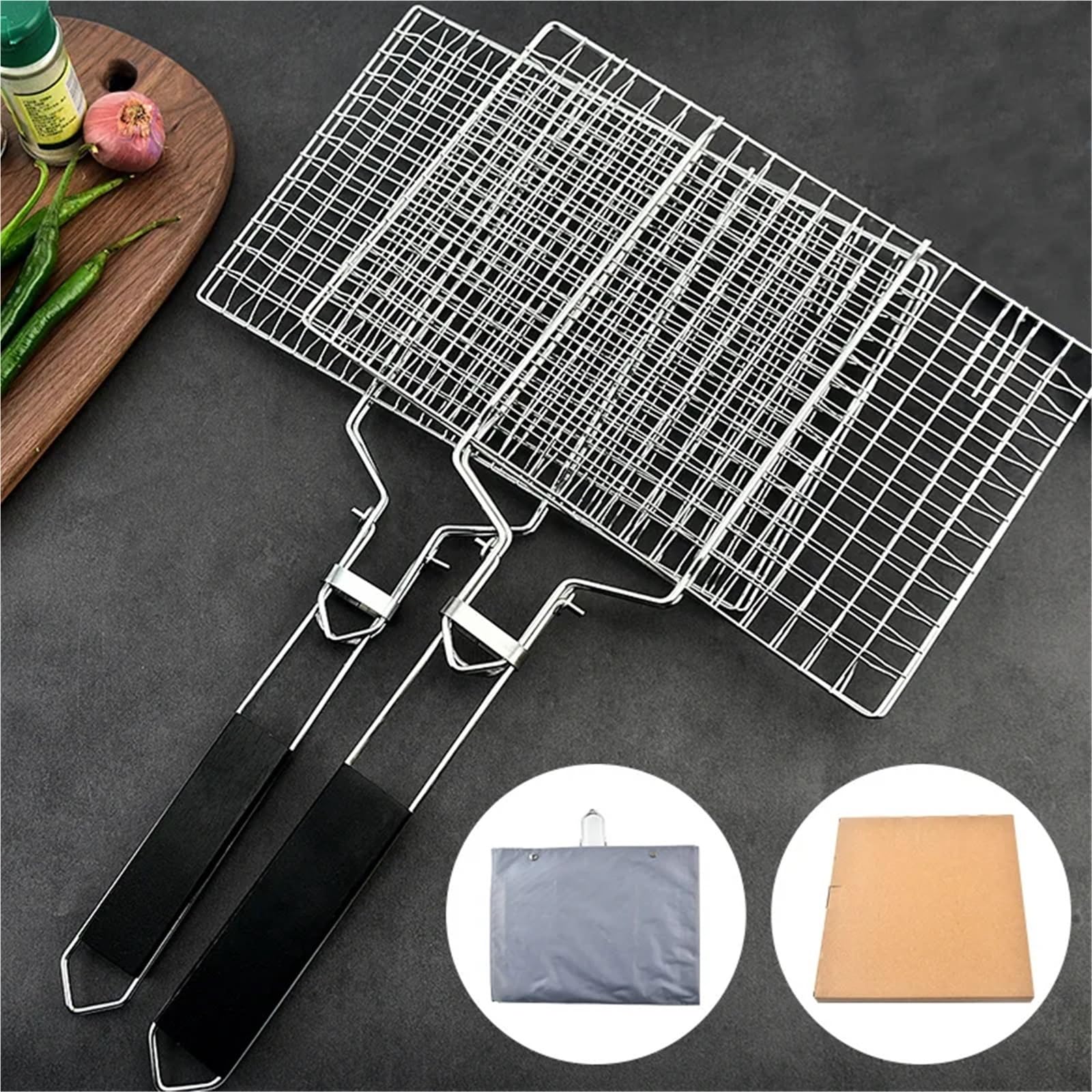 Red de Barbacoa Plegable Acero Inoxidable 304, Desmontable, portátil, con Clip for Parrilla Pescado para Barbacoa al Aire Libre(L)