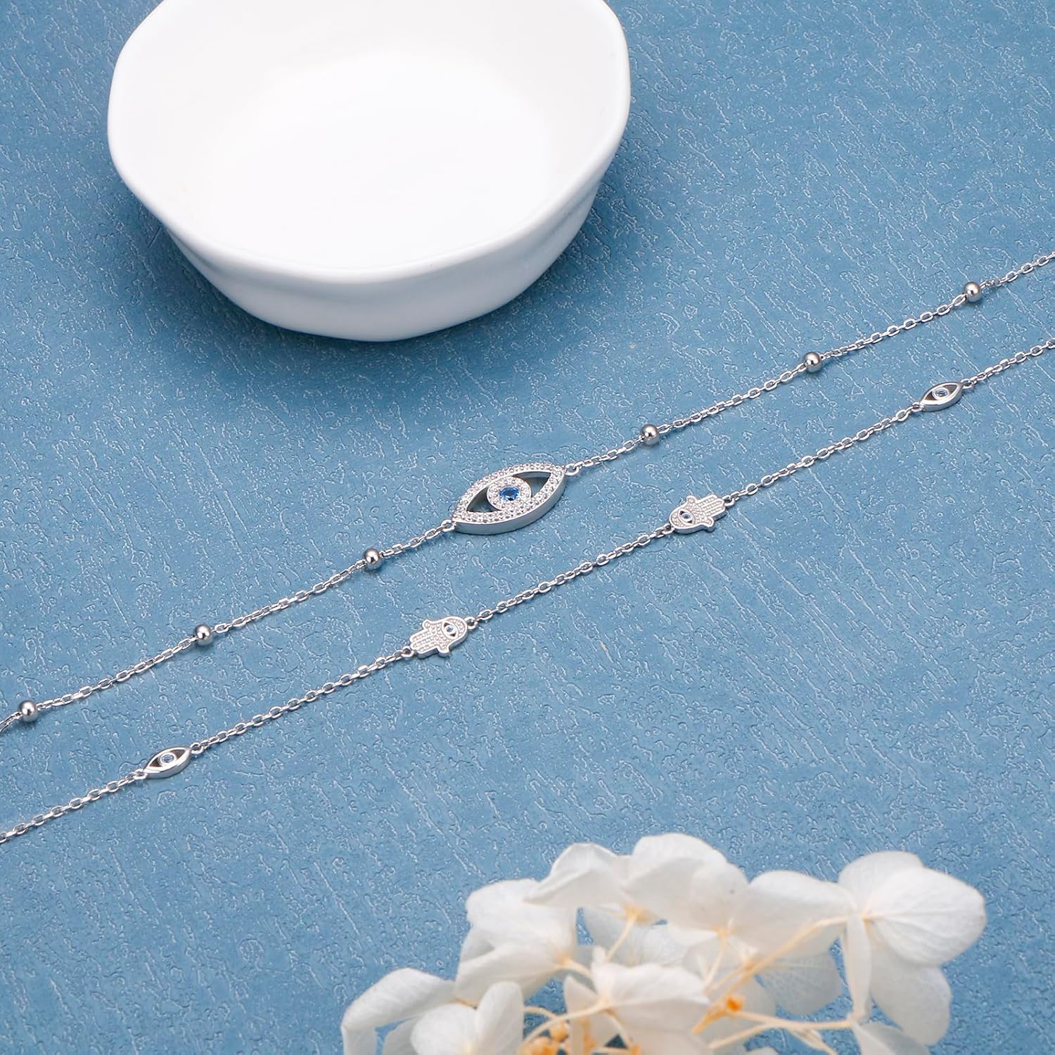 925 Sterling Silver Evil Eye Anklet Double Layer Adjustable Anklets with Hamsa Protection Jewelry Gift - Image 3