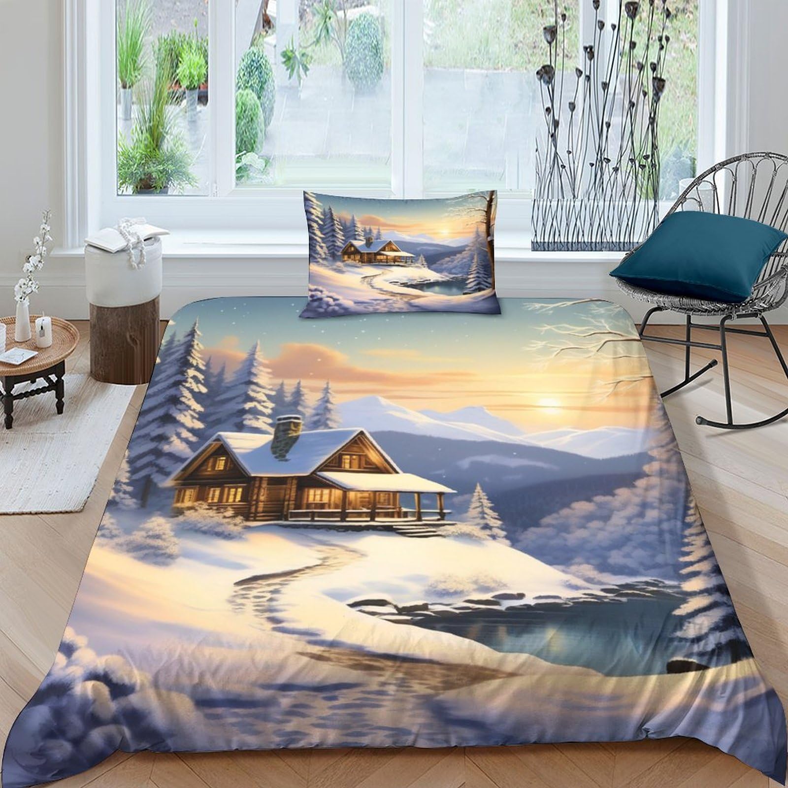 MXRMXR Snow House Bedding Set for Kids Boys Girls Youth Teens Comforter Cover, Soft Microfiber Quilt Cover & Duvet Cover, 3D Printed Bedspread Cover Single（135x200cm）