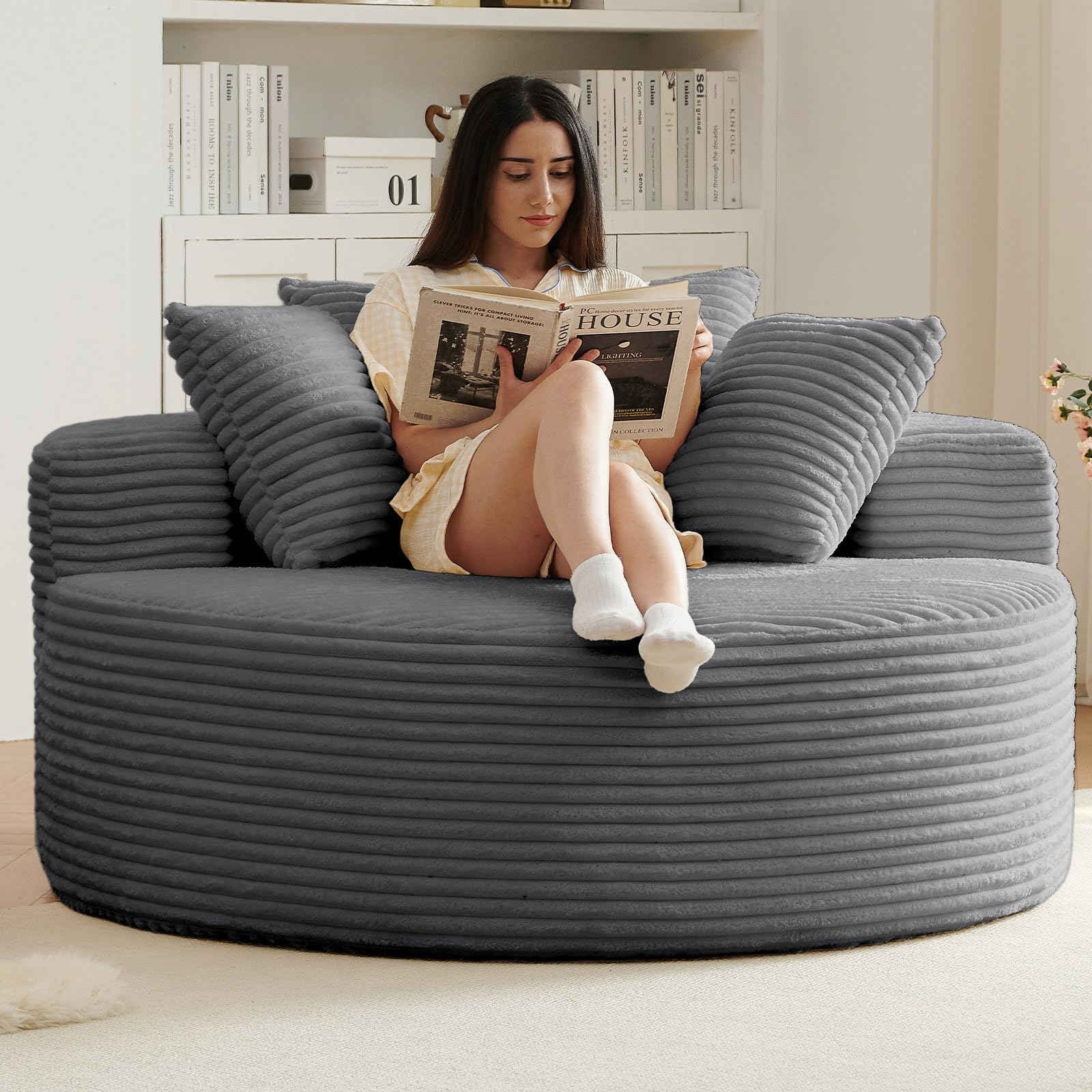 55''L Oversized Round Chaise Longue Chair Indoor, Corduroy Sponge Single Sofa, Oversized Round Chairs, Modern Sleeper Chair for Living Room,Projection Room, Wide Armrest ChairsDark Grey