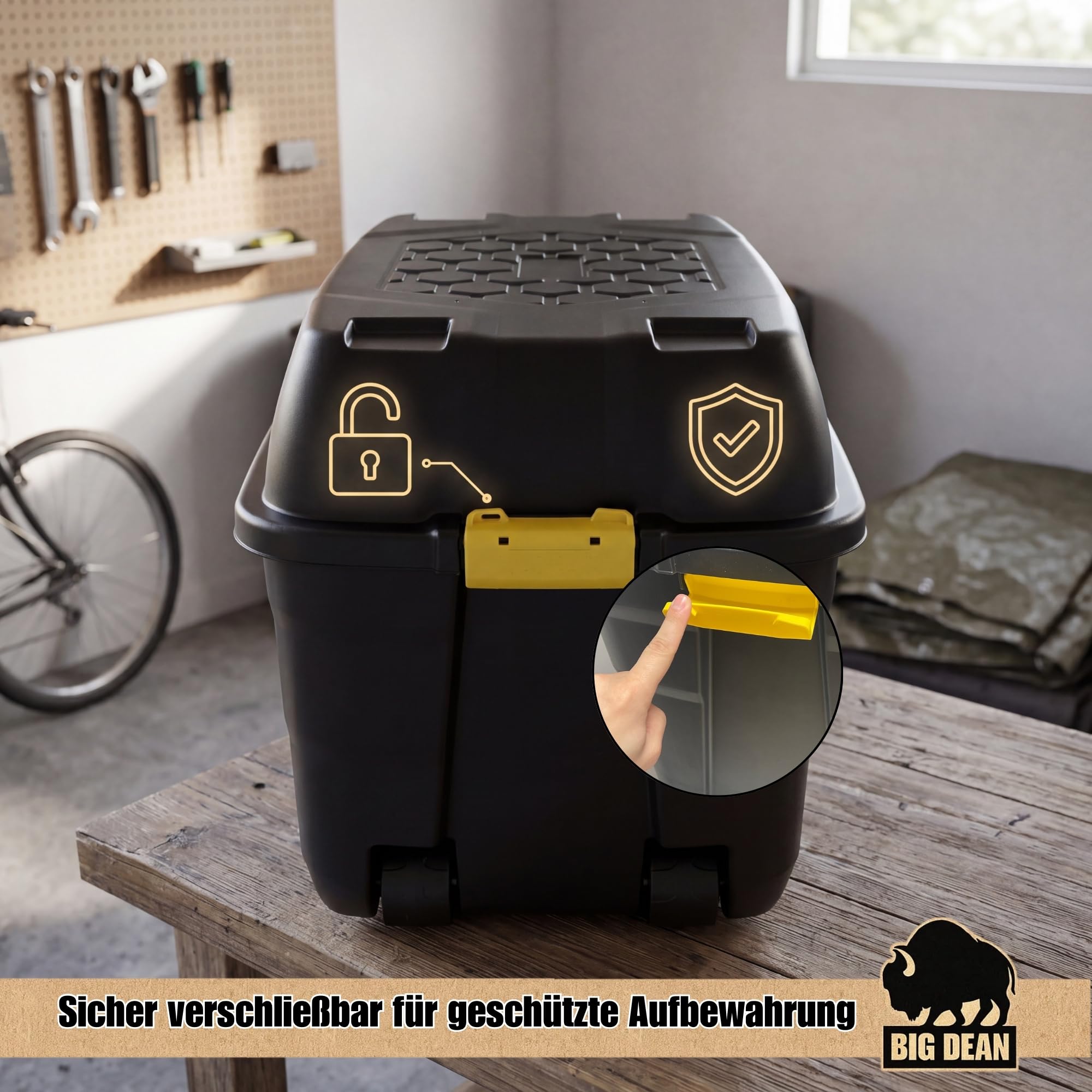 BigDean XXL Transportbox Kissenbox mit Nutzvolumen ca. 175 Liter 93x55x53cm | Aus Kunststoff in Schwarz mit Rollen und Deckel. Abschließbar. Maße BxTxH ca. 93 x 55 x 53 cm