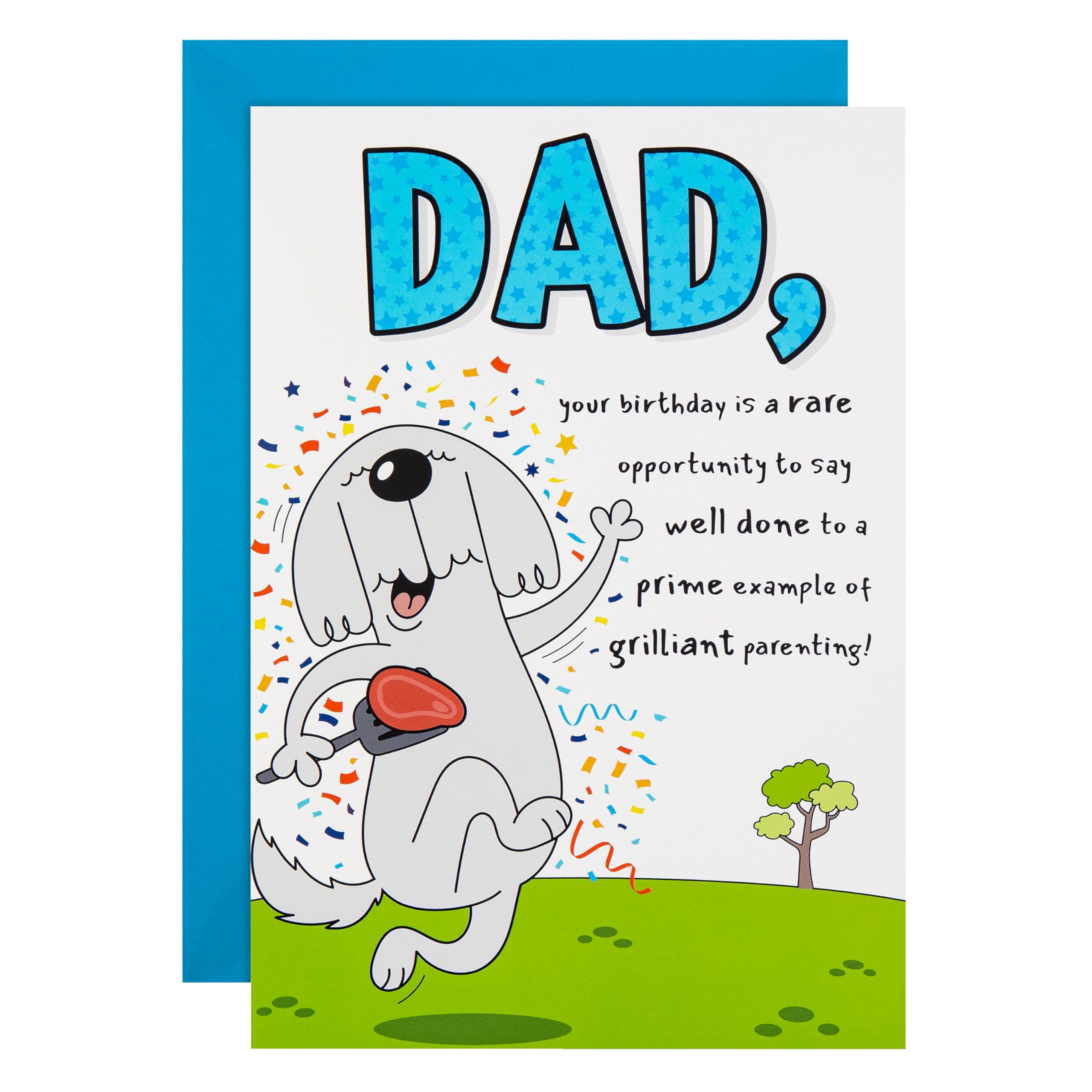 Hallmark Birthday Card for Dad, Funny, Humour, Pop Up Design, Dog Illustration, White, Green