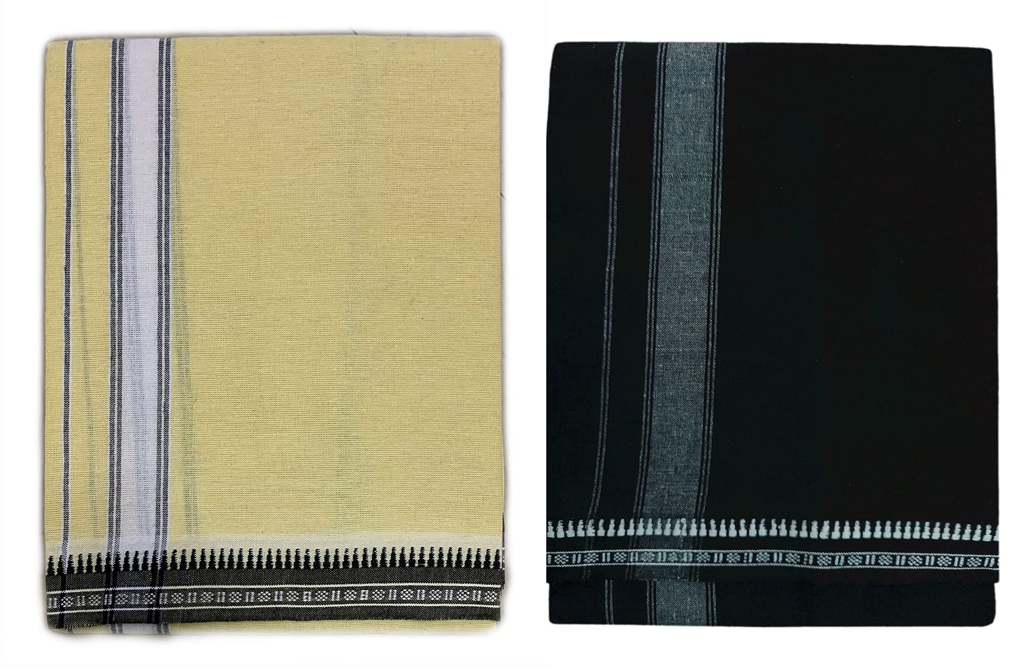 Prakasam Cotton Fine Quality Mens Kerala Style Thalapathi Border Single (1.28X2.00 Mtrs) -Dhoti-Kerala Single Mundu (Pack Of 2 Dhoties)- Black:Yellow