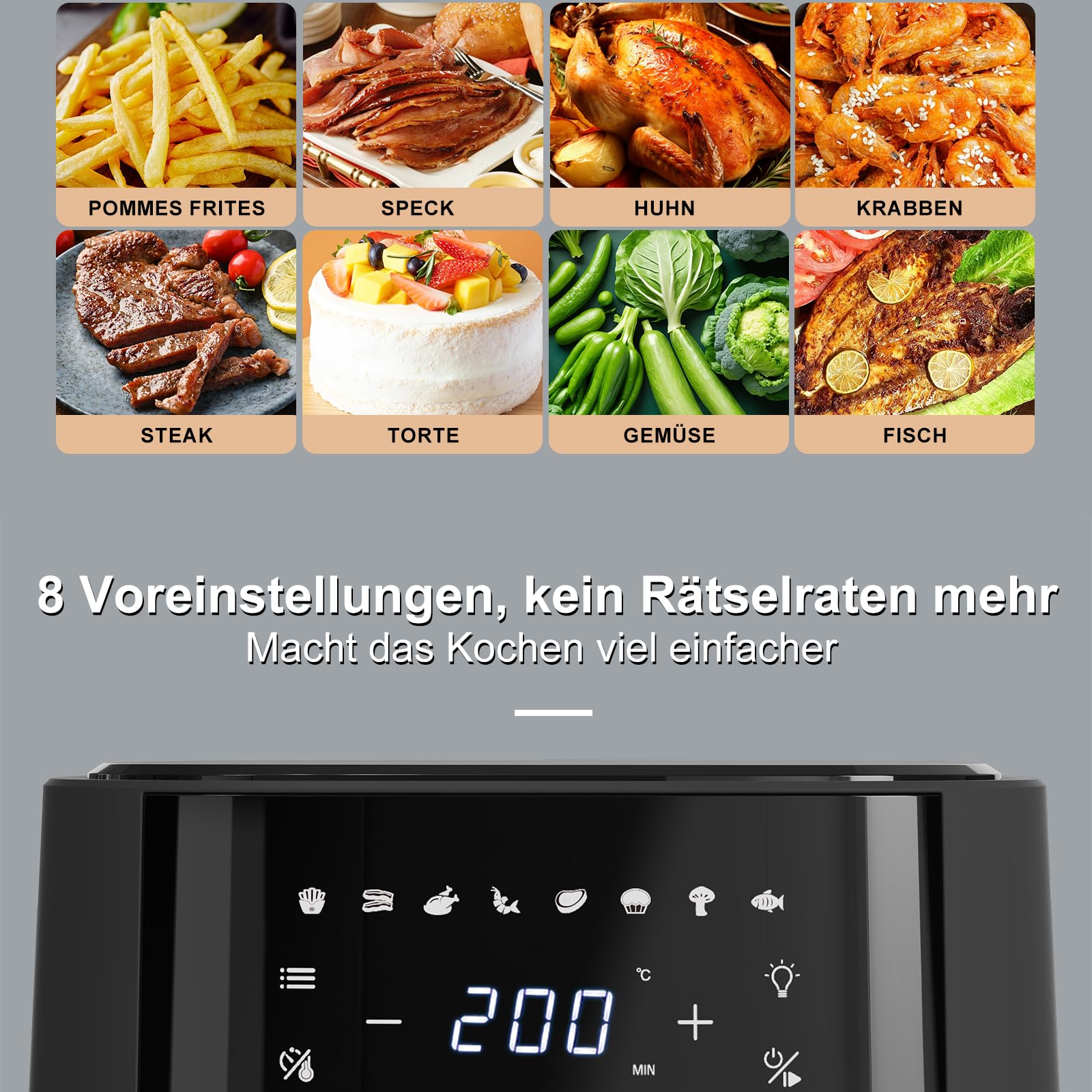 Wellent Friggitrice ad Aria 4,3 L Friggitrice Senza Olio Air Fryer, 8 Programmi di Cottura, Risultati Veloci, Compatta-Digitale, Touchscreen, Controllo Temperatura, Temperatura Massima 200° C