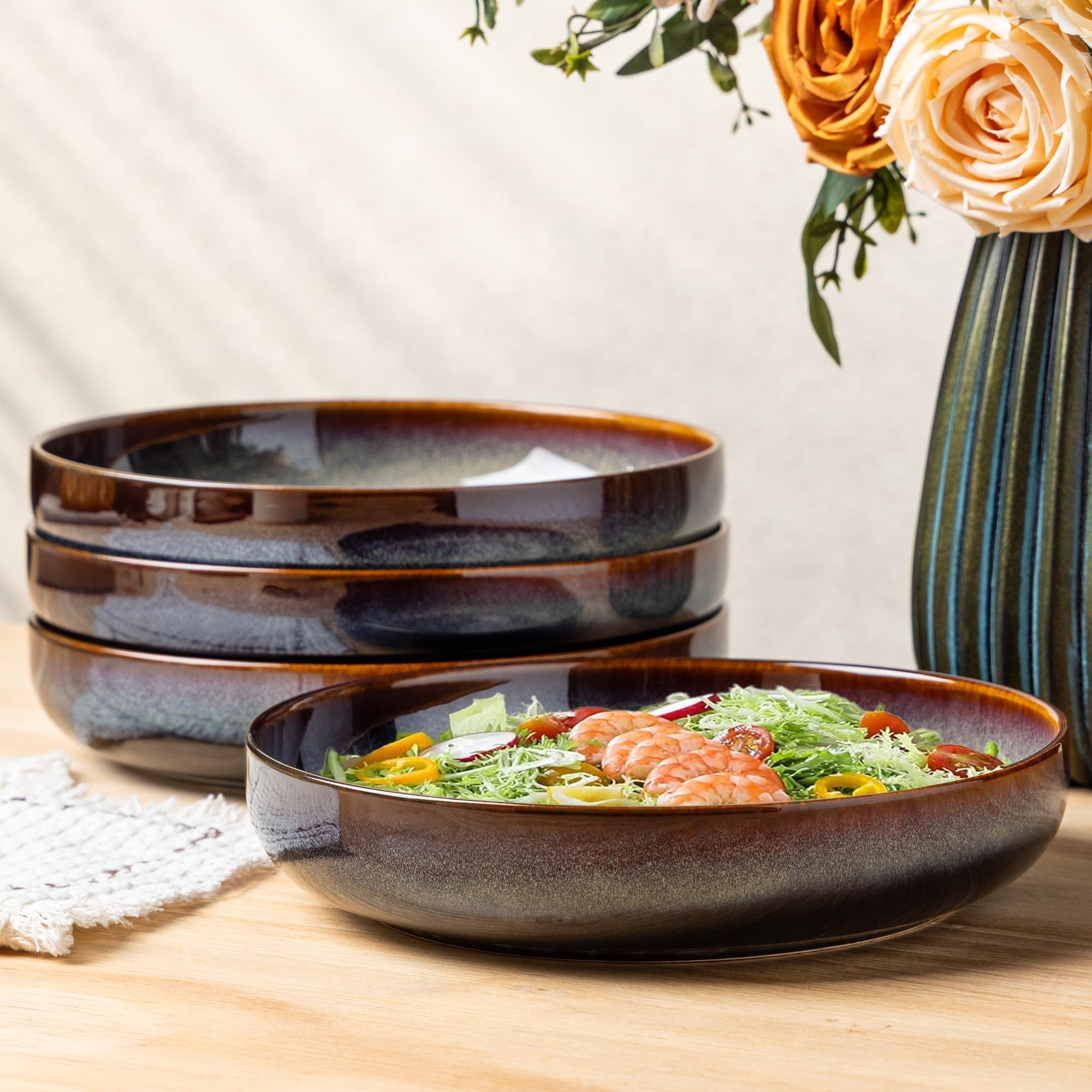 theterra Pasta Bowls Set of 4, 21,6cm Stoneware Salad Bowls