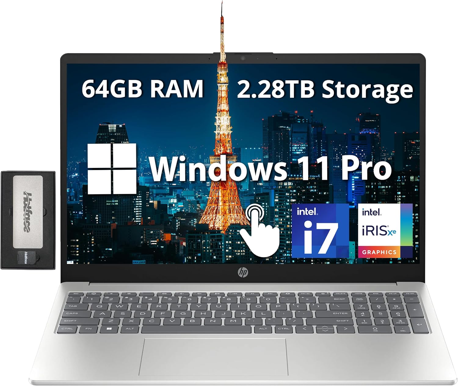 HP 15.6'' FHD IPS Touchscreen Laptop, Intel i7-1255U, 64GB RAM, 2.28TB Storage (2TB SSD+288GB Docking Station Set), Intel Iris Xe Graphics, Number Pad, Wi-Fi 6E, 720p HD Camera, Windows 11 Pro, Silver