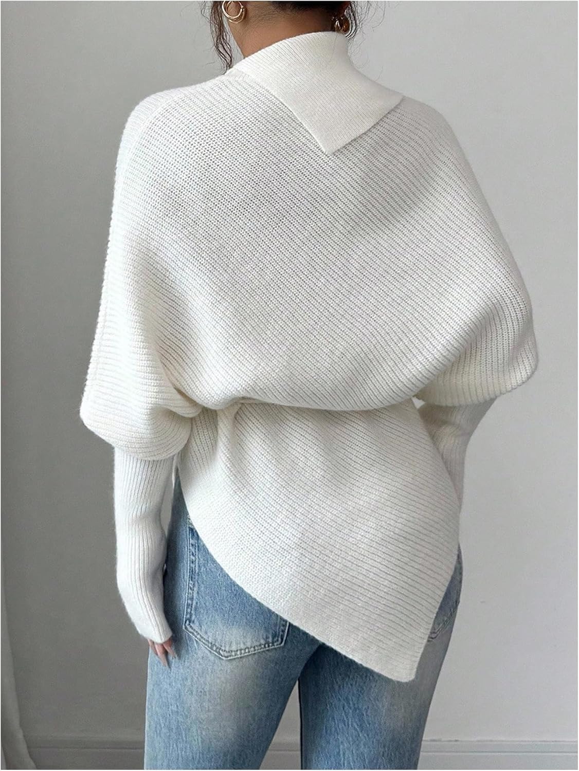 Milumia Women's Asymmetrical Mock Turtleneck Poncho Sweater Dolman Long Sleeve Tie Waist Knit Pullover Tops - Image 3