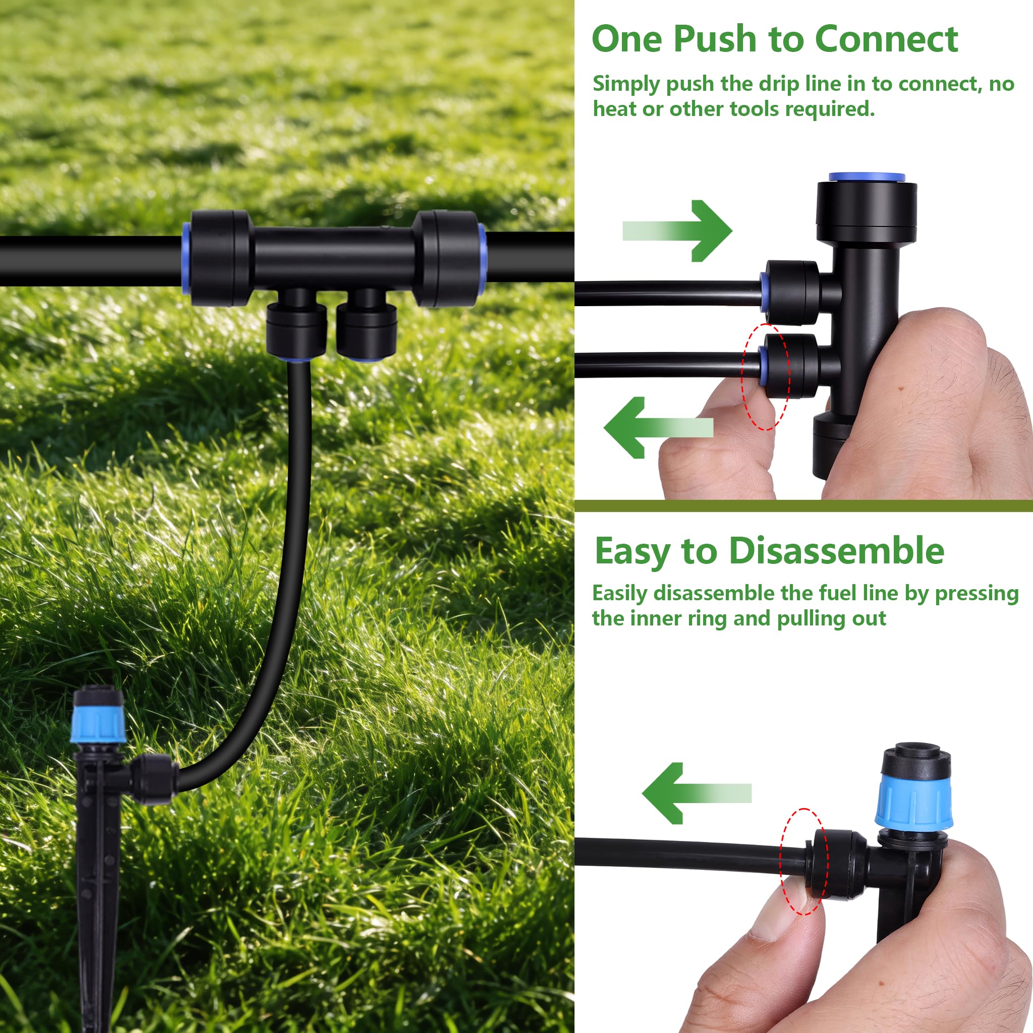 Système d'irrigation de jardin de 70 m avec 40 buses et émetteurs, système d'arrosage automatique avec 1/2" (9 mm ID, 12 mm OD) et 1/4" et raccords barbelés, pour plates-bandes surélevées