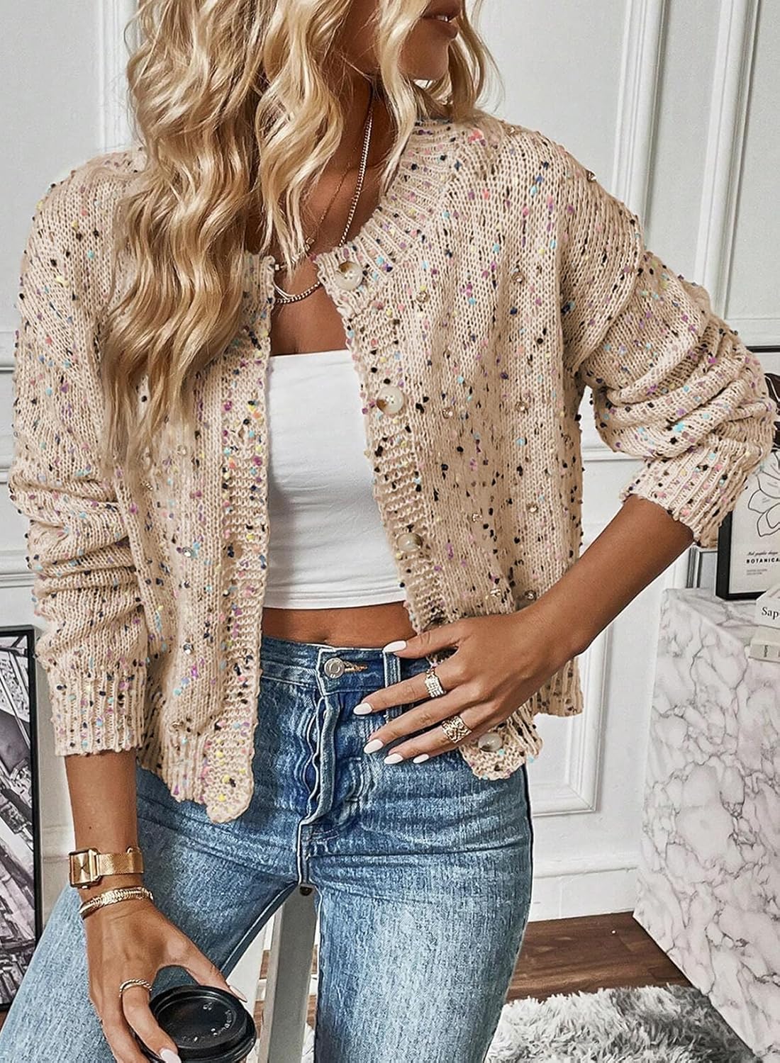SELINK Women's Cardigan Sweater Elegant Rhinestone Decor Multicolor Confetti Sweater Cardigan Solid Long Sleeve Outwear - Image 2