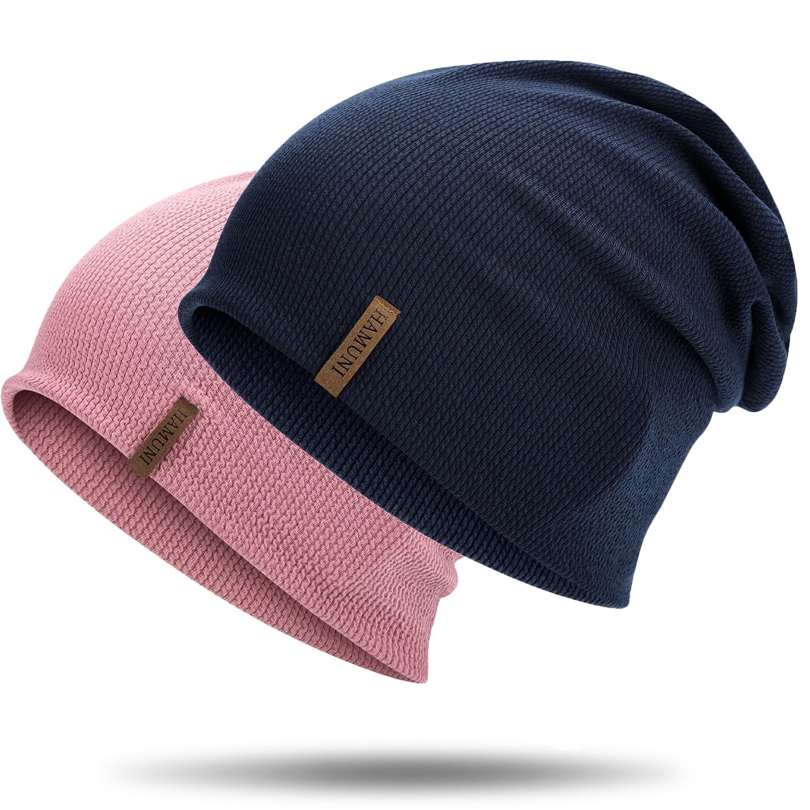 HAMUNI Mütze Damen Dünne Mütze Herren - Slouch Beanie Mütze - Leicht Weich Chemo Mütze - Atmungsaktiv Long Beanie - Elastisch Mütze - Ideale Beanie Mütze für Alle Jahreszeiten (Rosa+Dunkelblau)