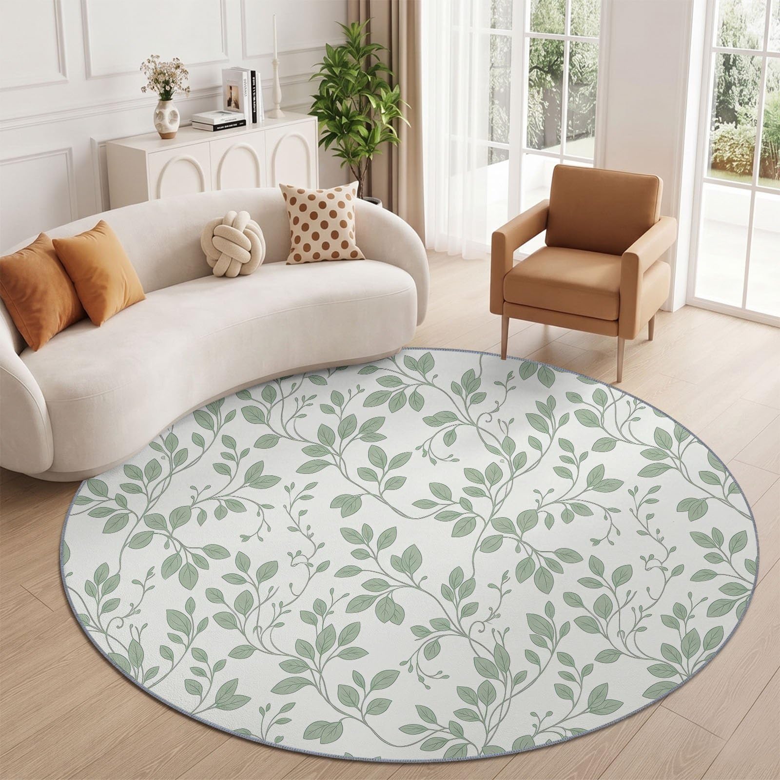 Campagne Minimaliste Tapis Salon 160 cm Feuilles Feuillage Vigne Botanique Vert Blanc Rond Lavable en Machine | Chambre Rugs, Descente de Lit Carpets, AntidéRapant, Chambre Carpet, Doux Poil Ras