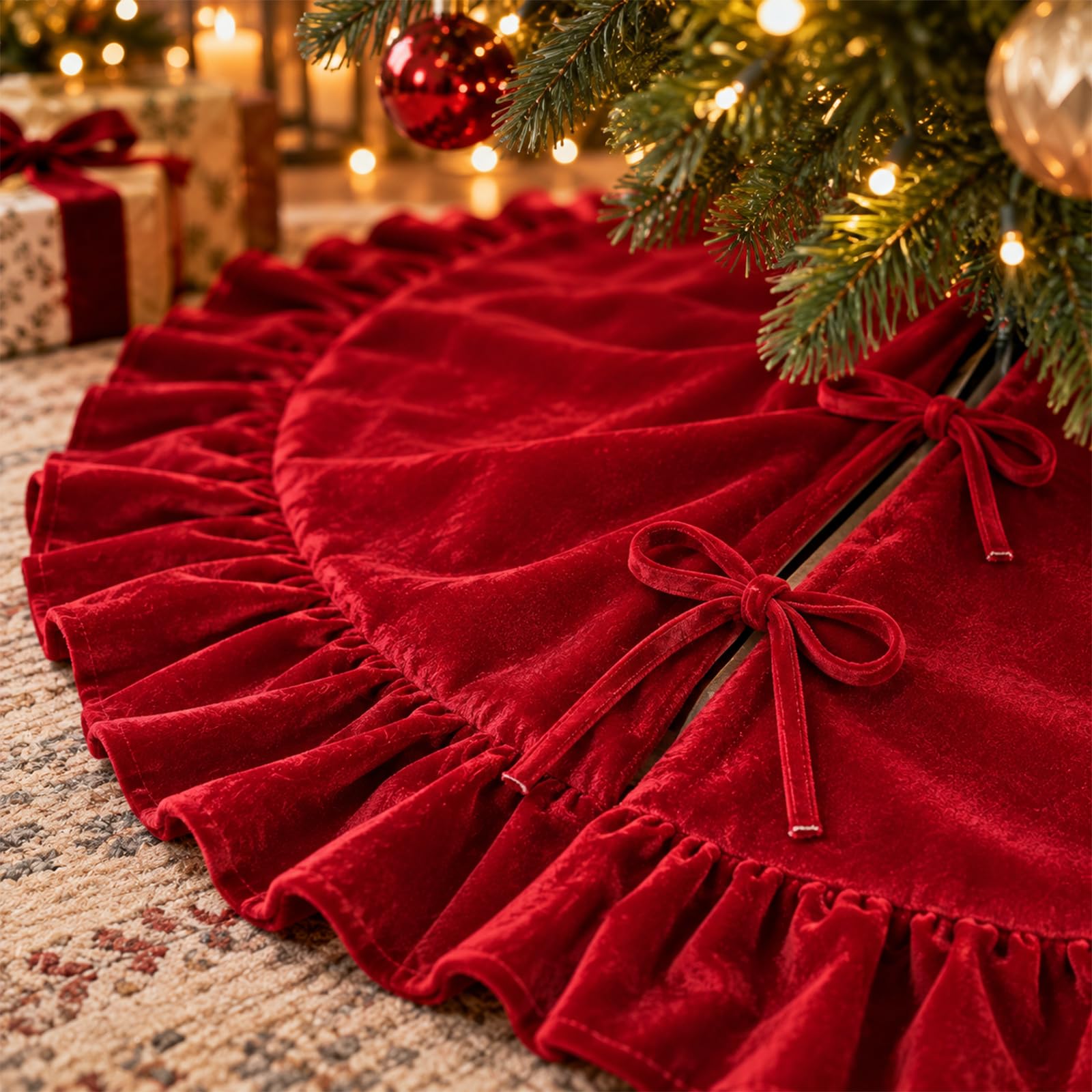DecroXmas 48 Inch Christmas Tree Skirt Red Xmas Tree Base Cover Mat Red Velvet Christmas Tree Skirt Ruffled Christmas Tree Decorations for Home Party Festival
