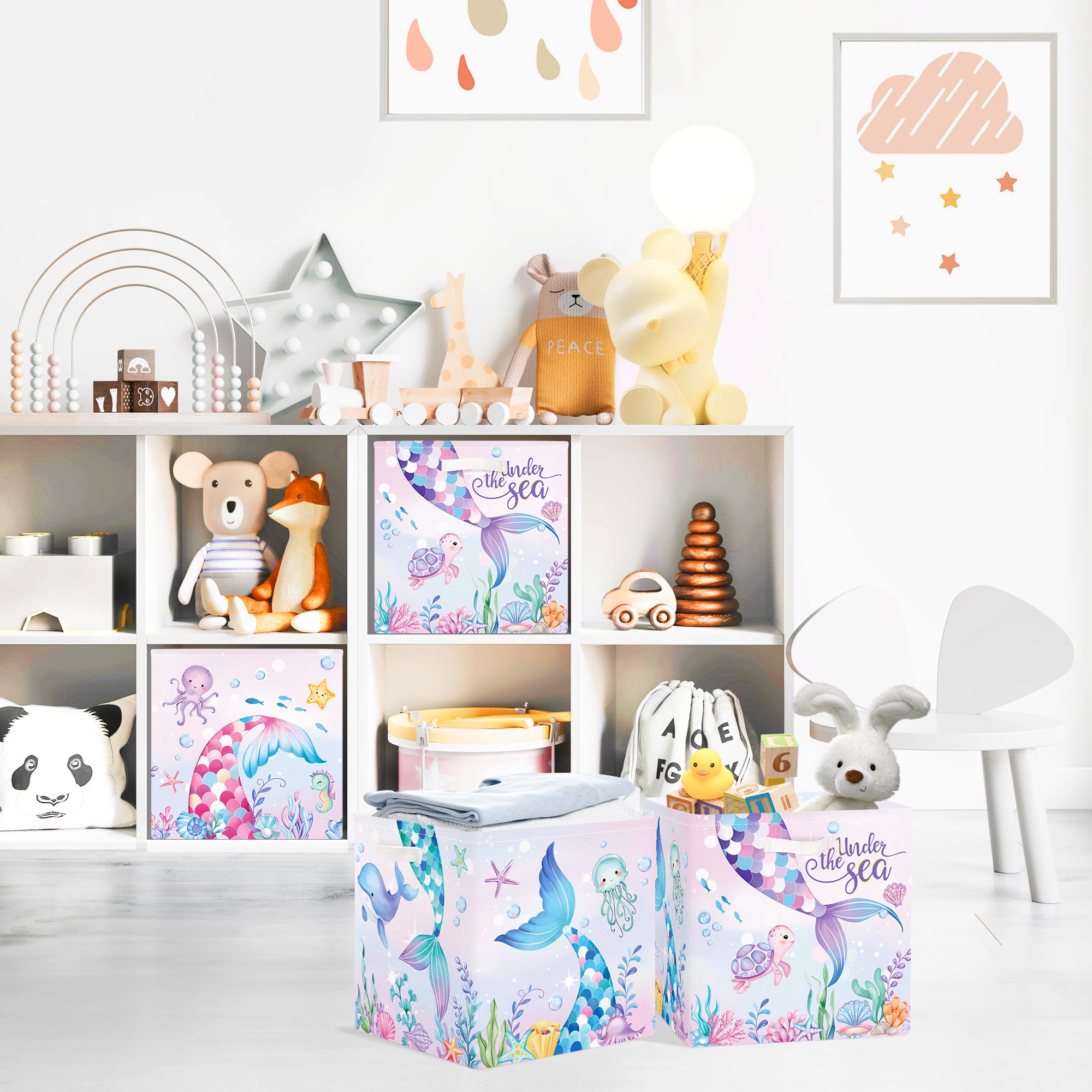 Clastyle Lot de 3 Boite Rangement Tissu Enfant Queue Sirène Cube de Rangement Pliable Filles Panier Kallax pour Salle de Bain,Algue Colorée,30x30x30 cm