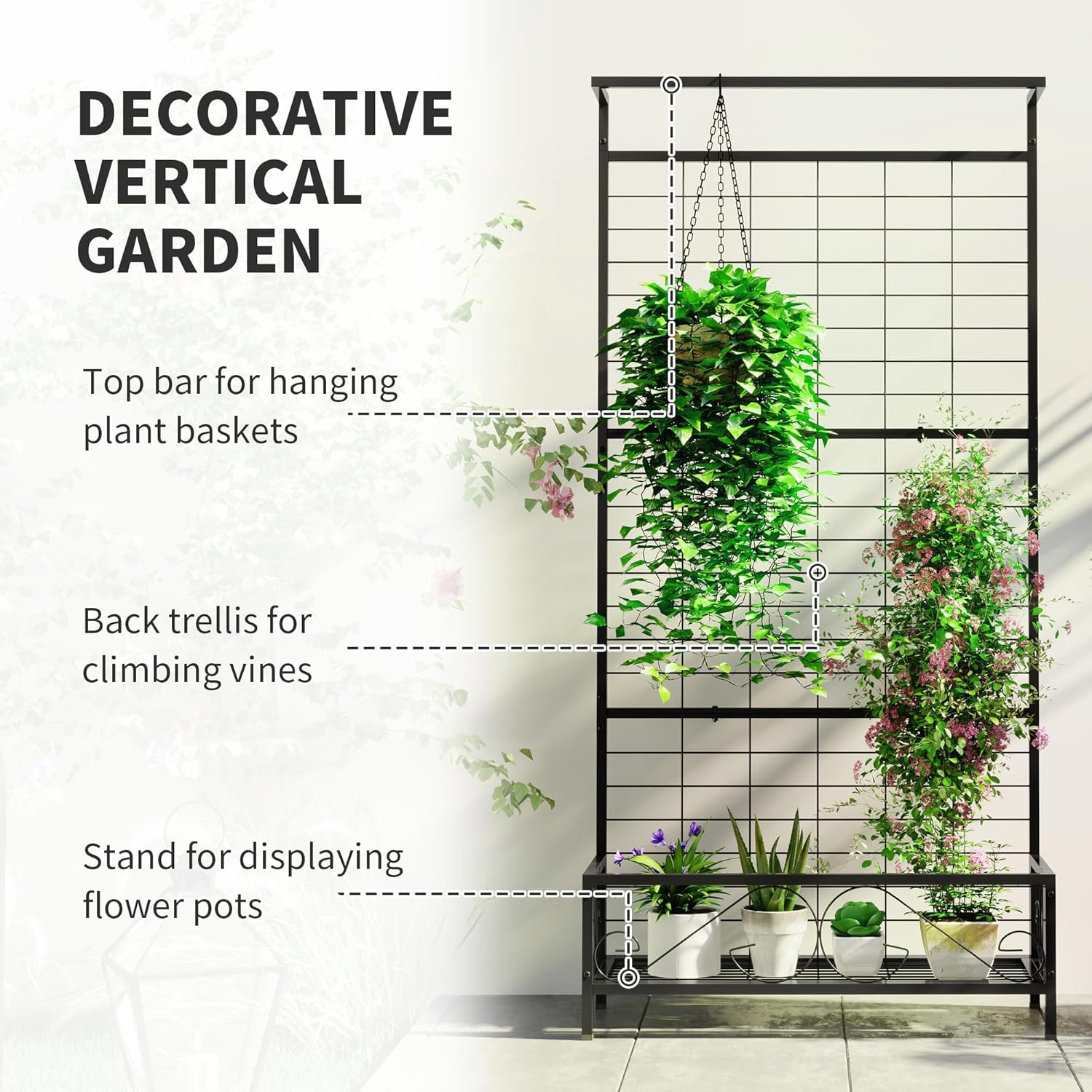 Outsunny Tall Plant Stand with Trellis and Hanging Bar, Metal Plant Holder Flower Stand for Vine Climbing Plants Flowers Indoor Outdoor Use, 36" x 12.8" x 74", Black