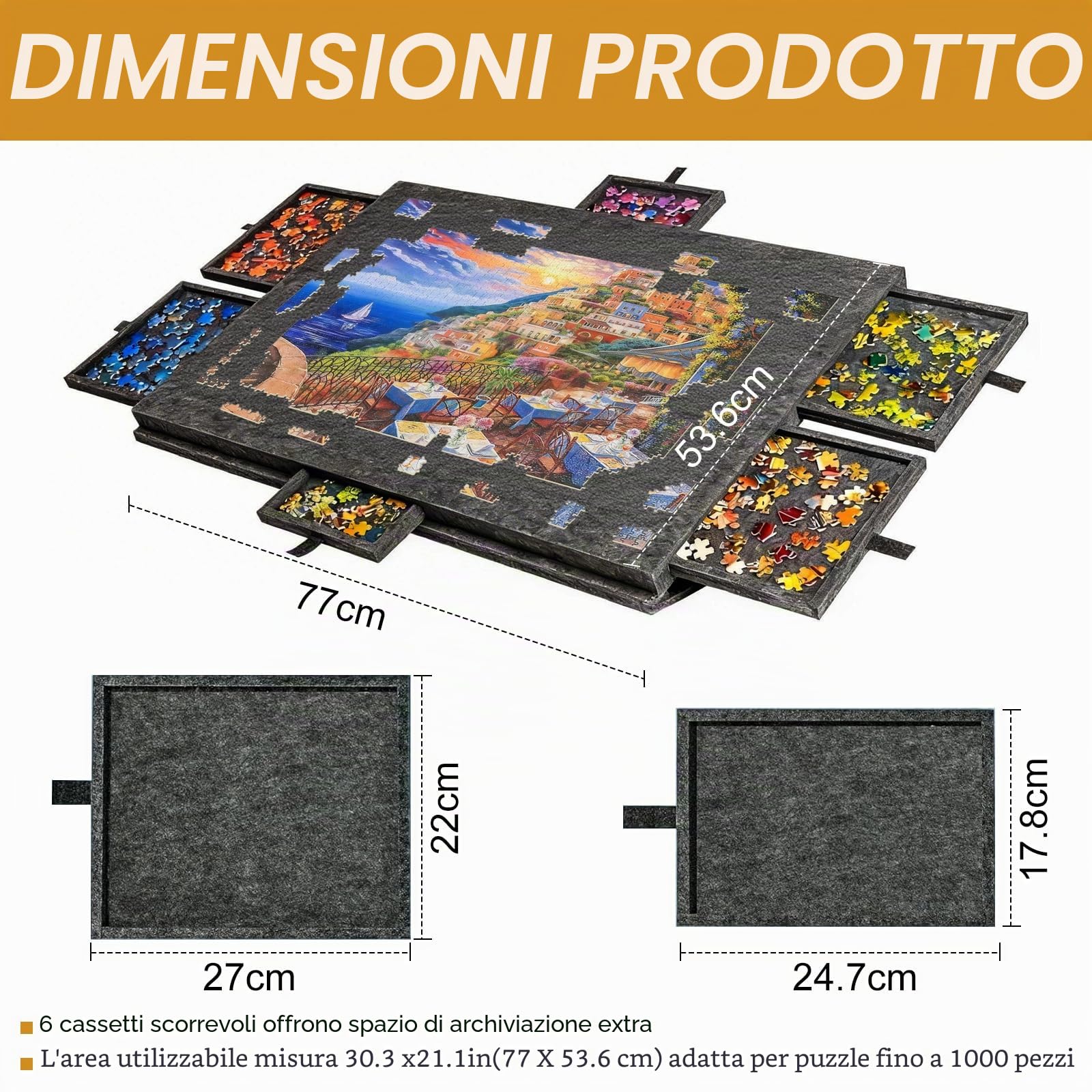 Tavole per Puzzle 1000 Pezzi, Porta Puzzles Portatile con 6 Cassetti e Copertura Antipolvere, Tappeto Puzzle in Feltro, per Adulti e Bambini, Nero