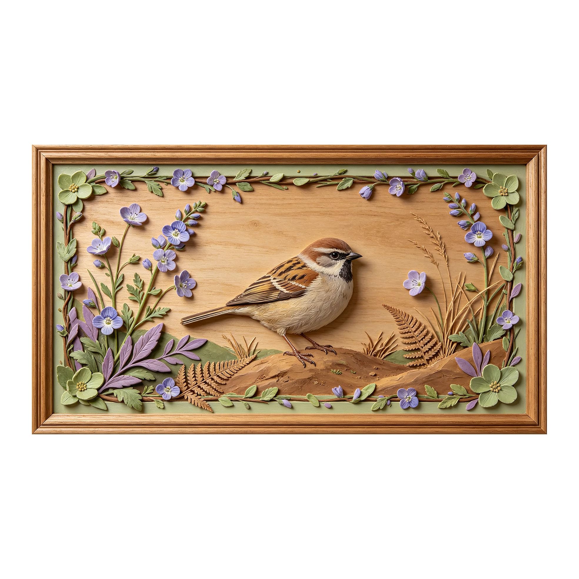 Murasolite 3D 3D Framed Wall Art 50cm×90cm Sparrow and Wildflower Botanical Relief SelfAdhesive Fabric Mural Wall Decor, Peel and Stick No Damage to Wall for Bedroom Living Room