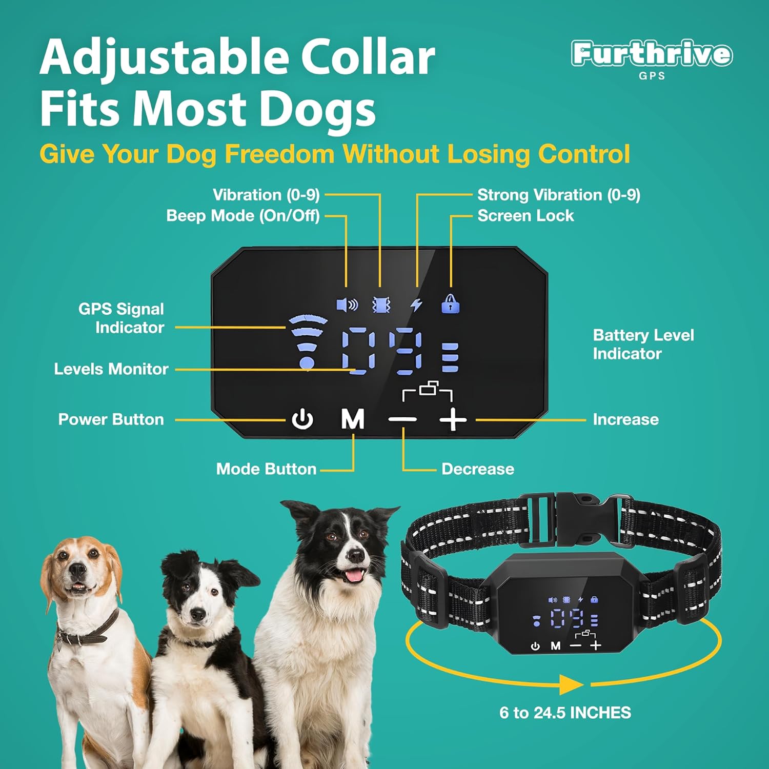 Furthrive GPS Dog Collar, Wireless Dog Fence 100–3280 ft Circular Boundary, Waterproof GPS Dog Collar System Outdoor with Beep, Vibration & Adjustable Training