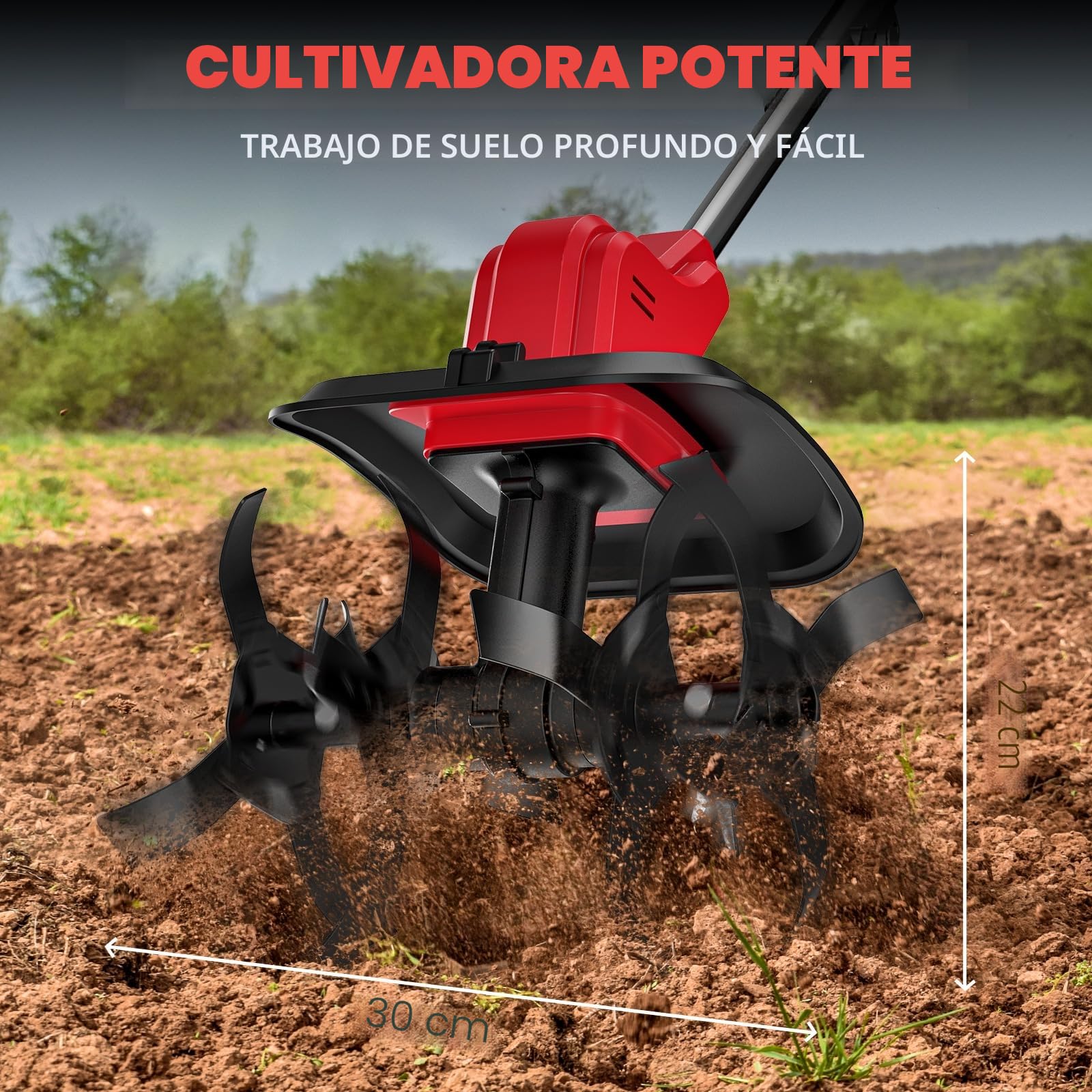 Motoazada Electrica 21V, Motoazada Bateria con 2 x 4.0Ah Bateria, Rodillo Doble 4 Cuchillas, Pantalla LED, Velocidad de 300 RPM, 30 cm de Ancho y 22 cm de Profundidad, Motoazada para Huertos y Patios
