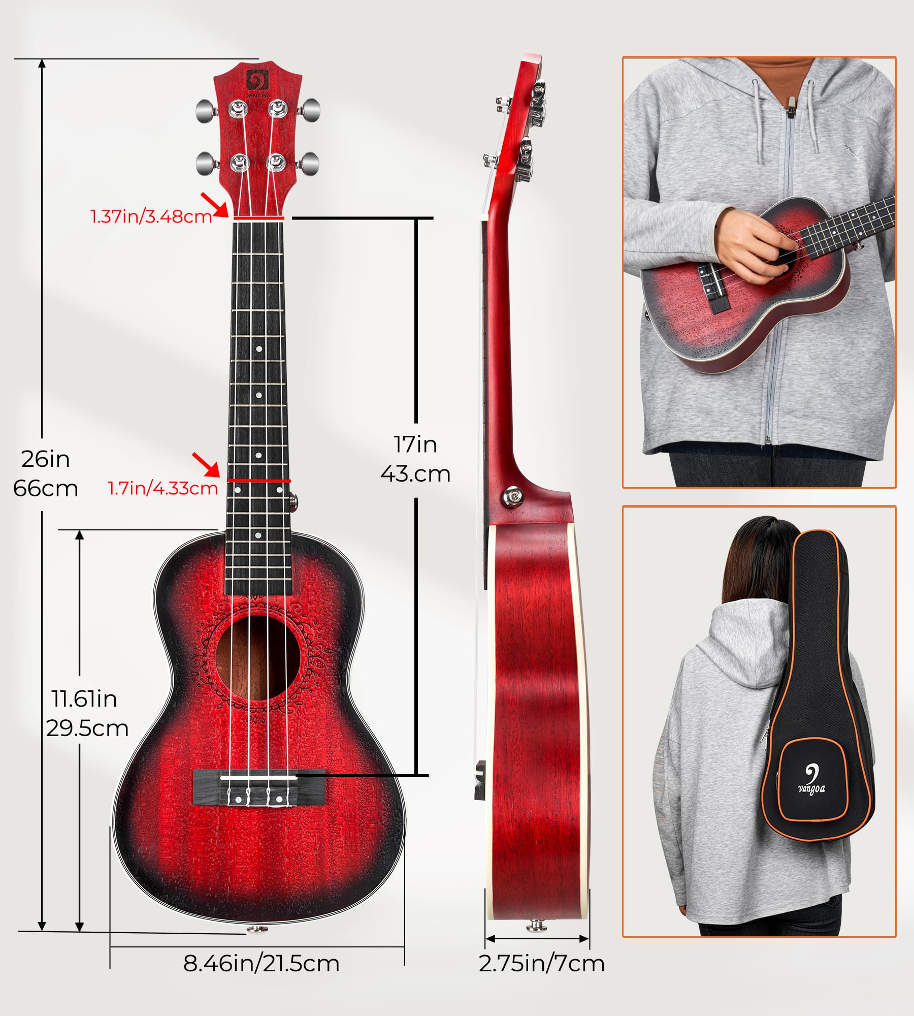 Vangoa Ukulele tenore, 66 cm, rosso