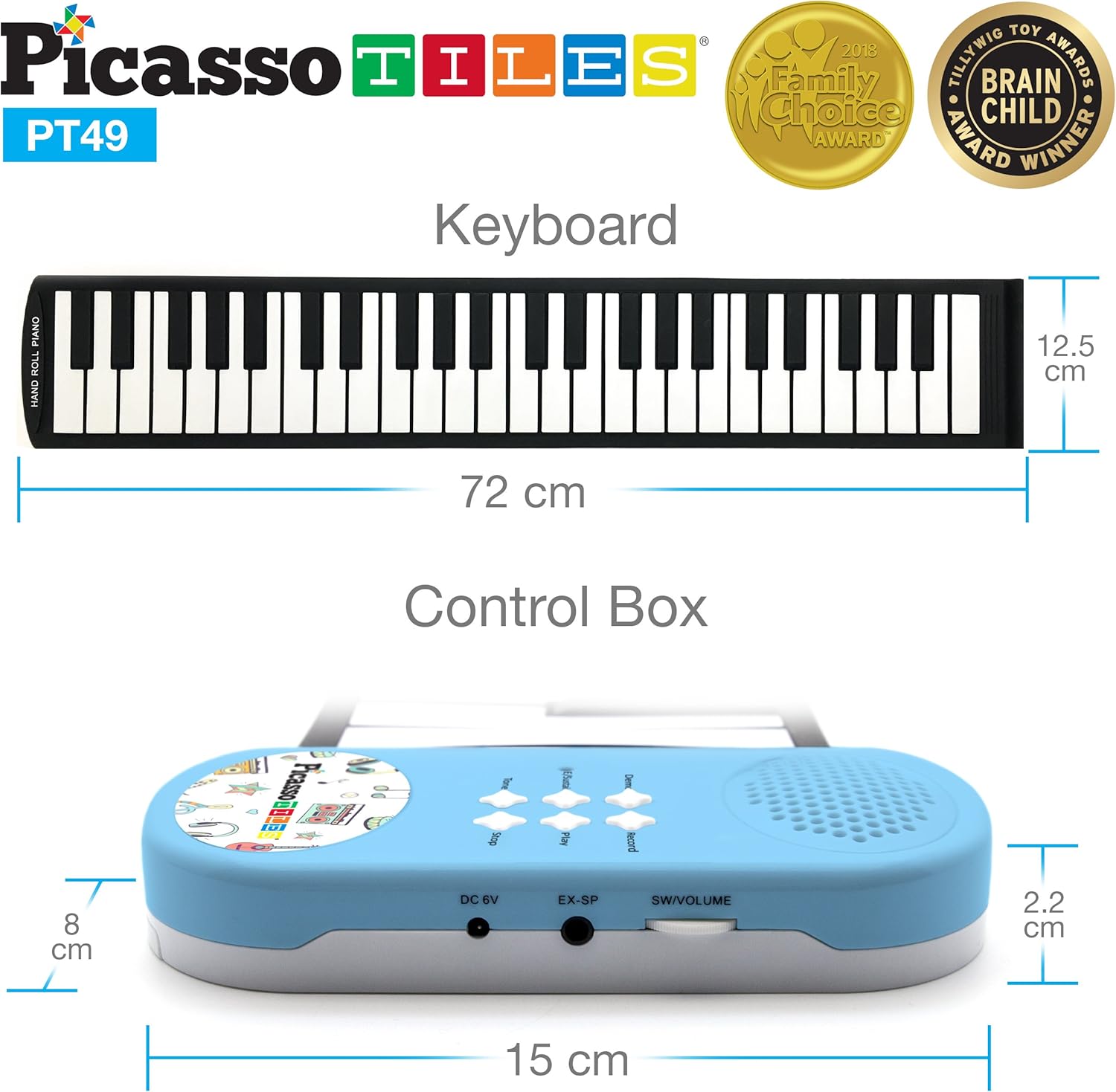 PicassoTiles PT49 Portable Kid's 49-Key Flexible Roll Up Educational Electronic Digital Music Piano Keyboard w/ Recording Feature, 8 Different Tones, 6 Educational Demo Songs & Build-in Speaker - Blue