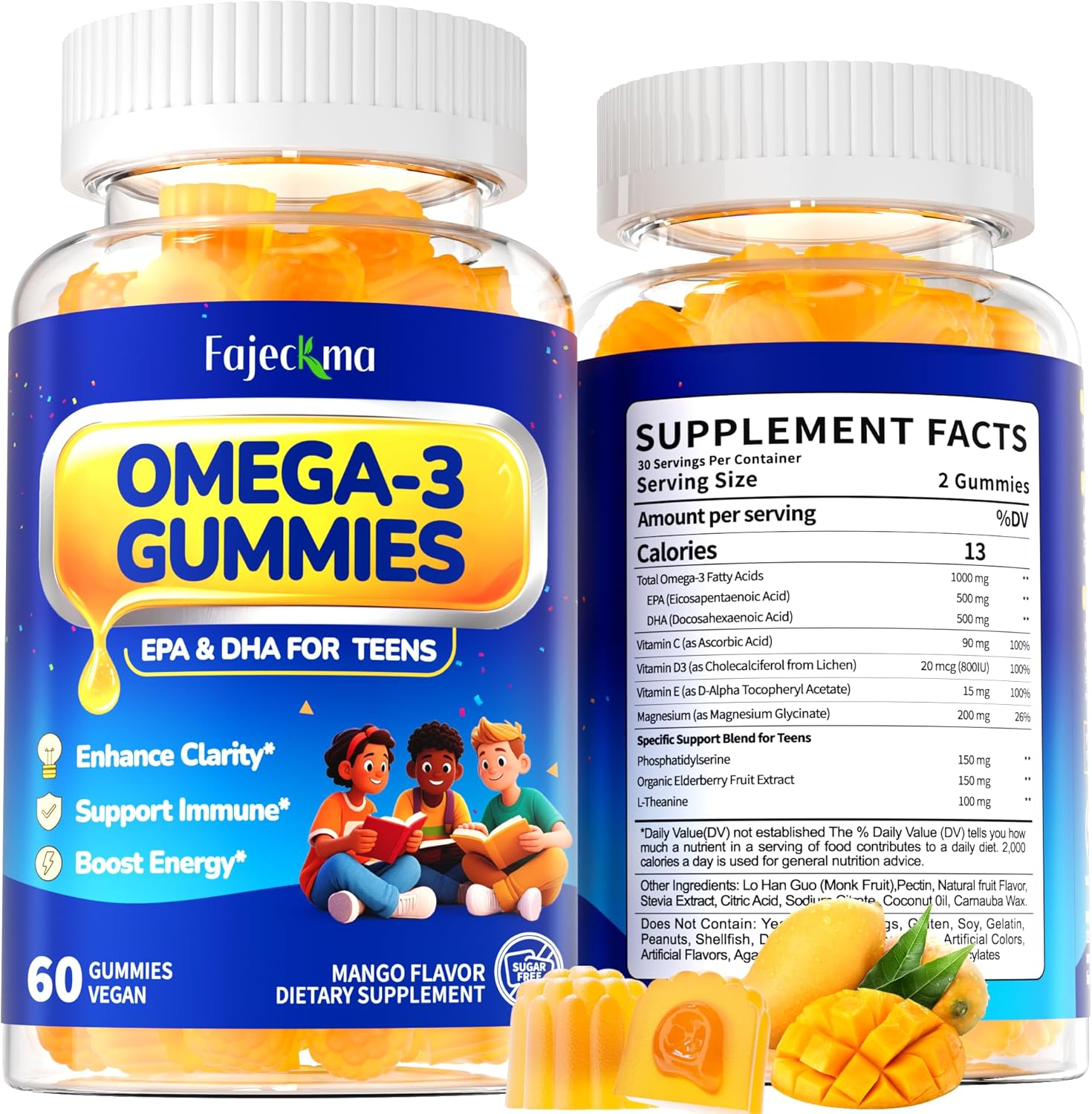 Omega-3 1000MG Gummies for Teen: Vegan Alternative to Fish Oil Omega 3 Supplements with Algae Omega 3 EPA DHA Vitamin D3 C Magnesium Elderberry - Teen Vitamins Omega3 Supplement(120Count)