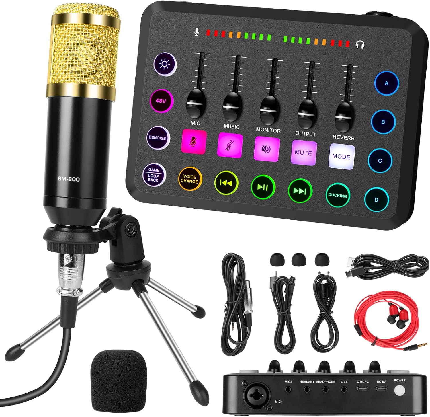 OFFCUP Podcast Equipment Bundle, Audio Interface, DJ Mixer and Condenser Microphone with Tripod, Perfect for Recording Live Streaming Gaming Singing PC Smartphone Play Station
