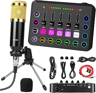 OFFCUP Podcast Equipment Set Mischpult Audiomixer mit Stativ Kondensator Mikrofon USB C Audiointerface für PC Laptop Telefon Pad, Live Soundkarte für Live-Streaming Gesang YouTube und Gaming