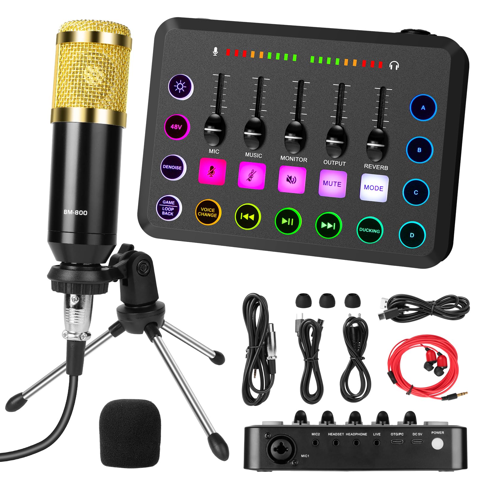 Zestaw sprzętu do podcastów OFFCUP, konsola miksująca, mikser audio ze statywem, mikrofon pojemnościowy, interfejs audio USB-C do komputera, laptopa, telefonu, karta dźwiękowa do transmisji na ży