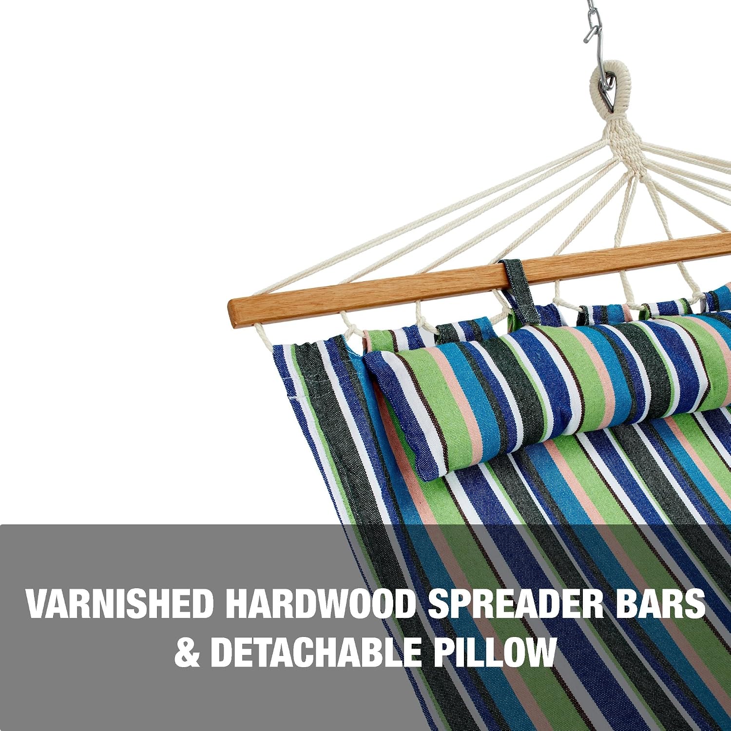Bliss Hammocks BH-404G 48in Wide Caribbean Hammock w/Pillow, Poolside Patio Backyard Hammock, Includes Straps & Chains, Eco Friendly Polyester & Cotton Blend, 265 Pound Capacity, Candy Stripe