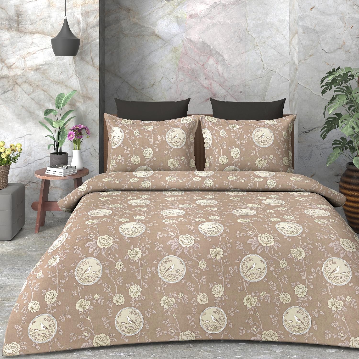 TANISHA HOME DECOR THD 120 x 120 Inches 100% Pure Cotton Super King Size Bedsheet, 300 TC, 10 Feet by 10 Feet Bedsheet for Super King Size XXXL Bed with 2 Pillow Covers (Cashmere Brown)