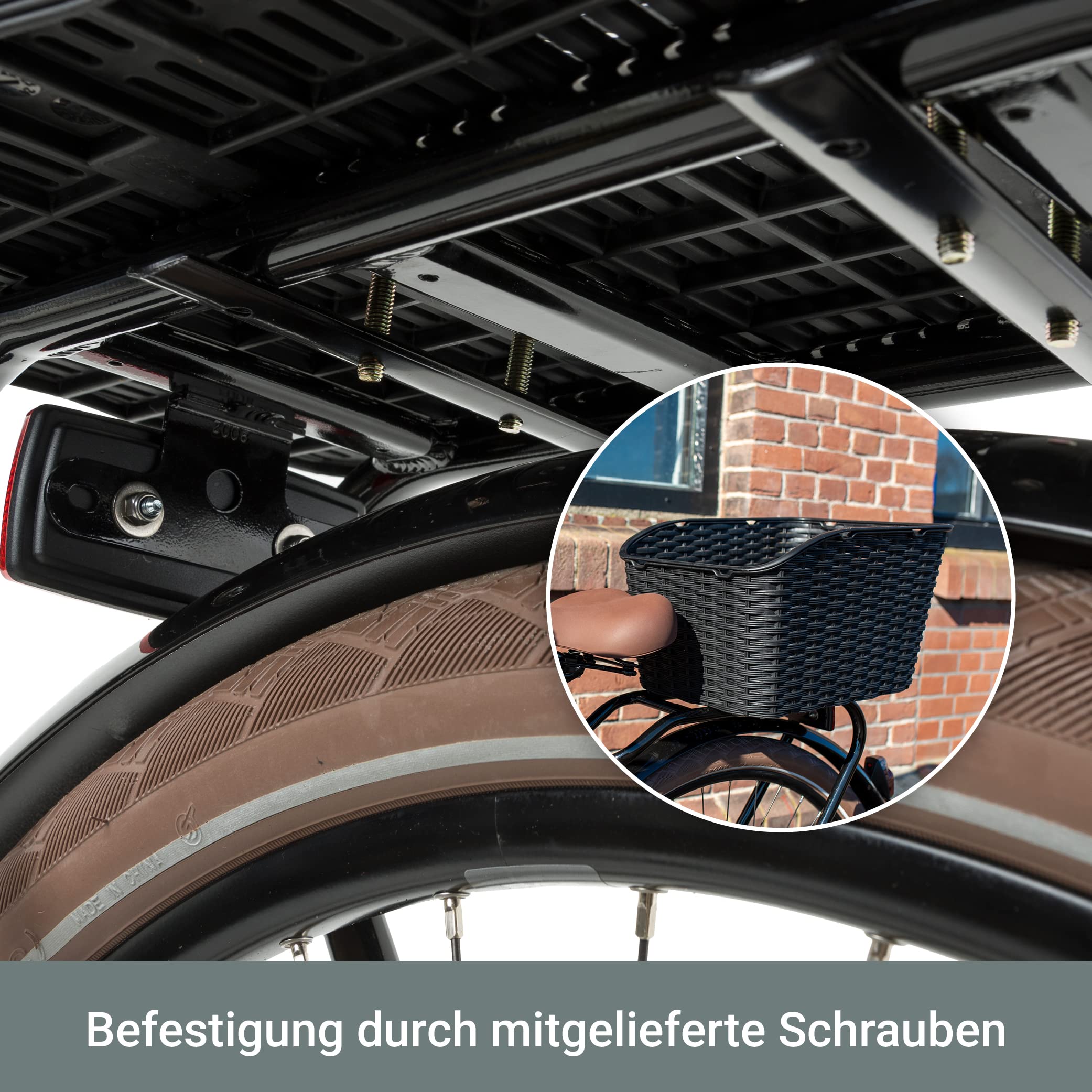 FAST RIDER Dante Fahrradkorb Schulranzen Hinten, 27L Korb für Heckträger, Bike Basket aus Plastikgeflecht, Inklusive Montage, Wetterbeständig - Schwarz