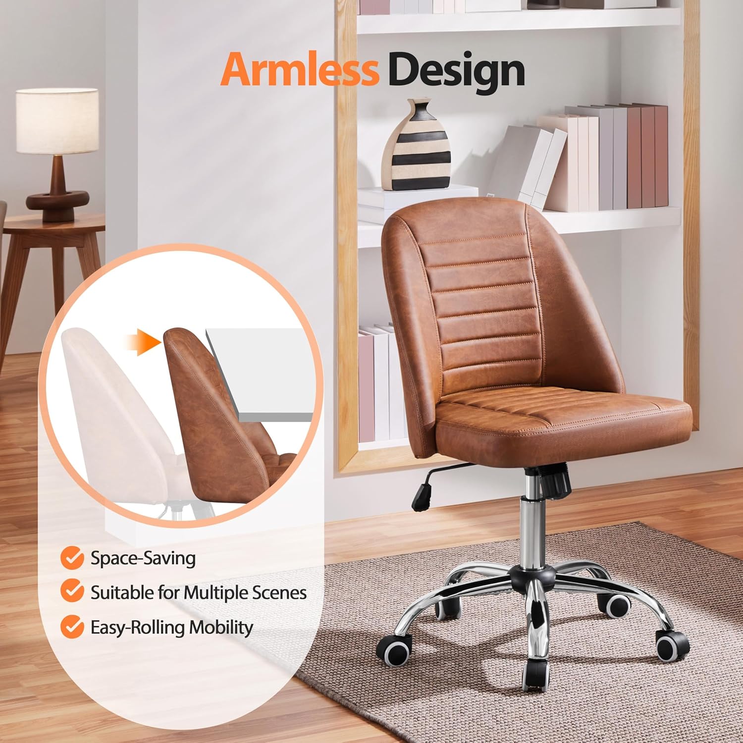Yaheetech PU Leather Armless Task Office Chair, Modern Tiltable Mid Back Vanity Chair with Rolling Wheels, Metal Base Retro Brown