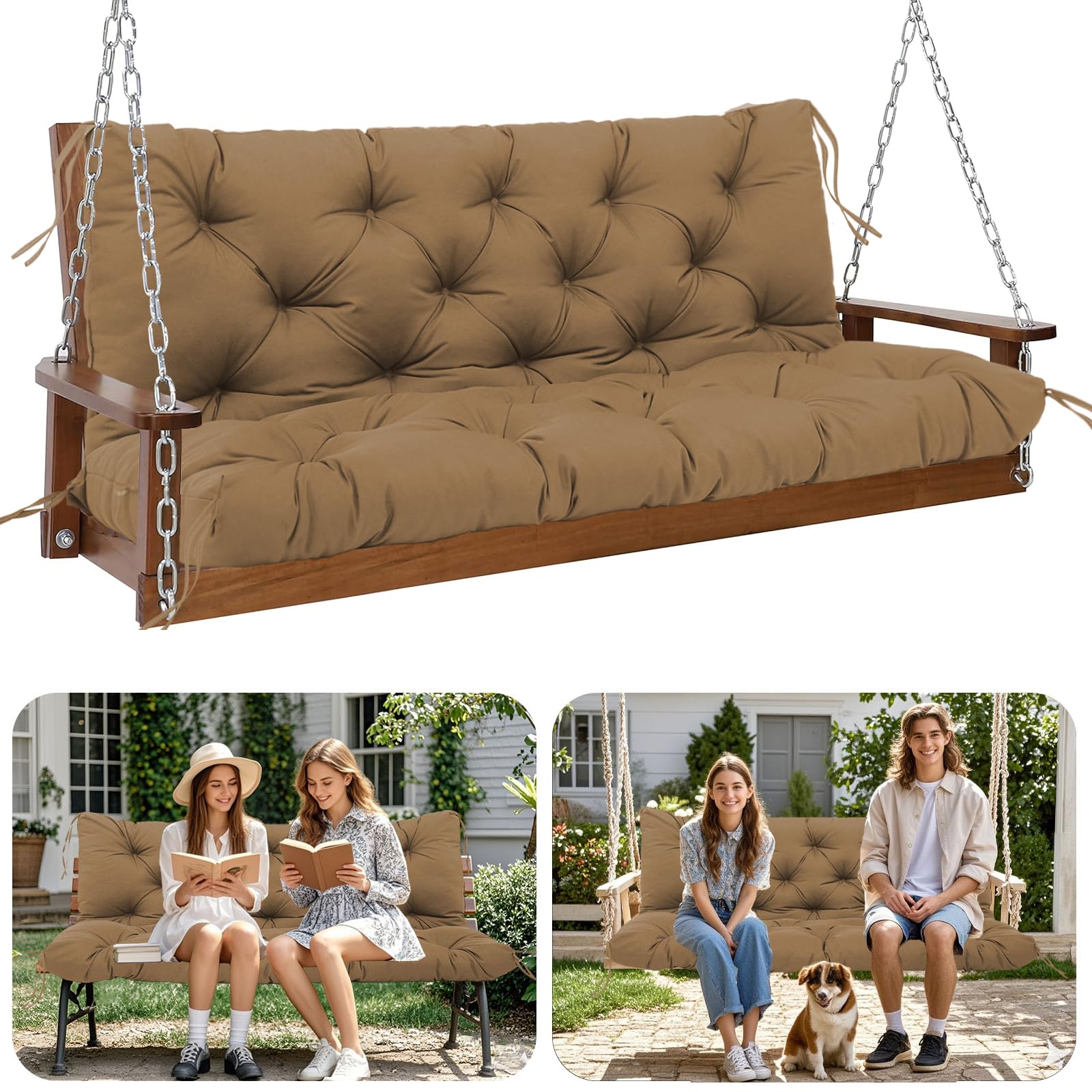 HZMGPCM Premium 5" Thick Waterproof Outdoor Swing Cushions Sturdy Durable 2-3 Seat Replacement Porch Swing Cushions with Backrest&Ties Bench Cushion for Outdoor Furniture Backyard Patio(48x40inch)
