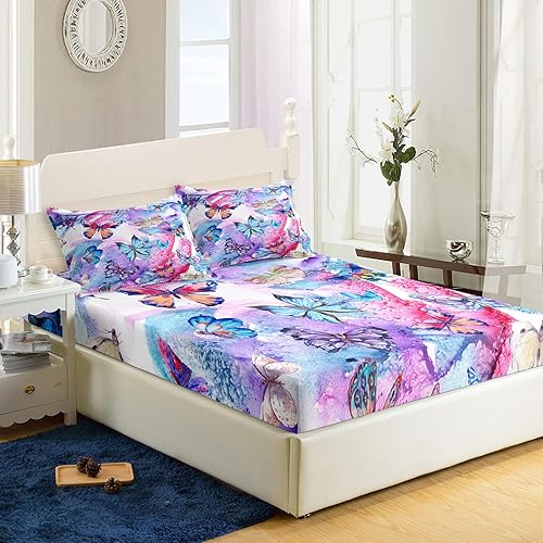 AILONEN Sábana bajera de mariposa, sábanas de mariposa para niños, niñas y adolescentes, juego de sábanas con estampado de mariposas azules y
