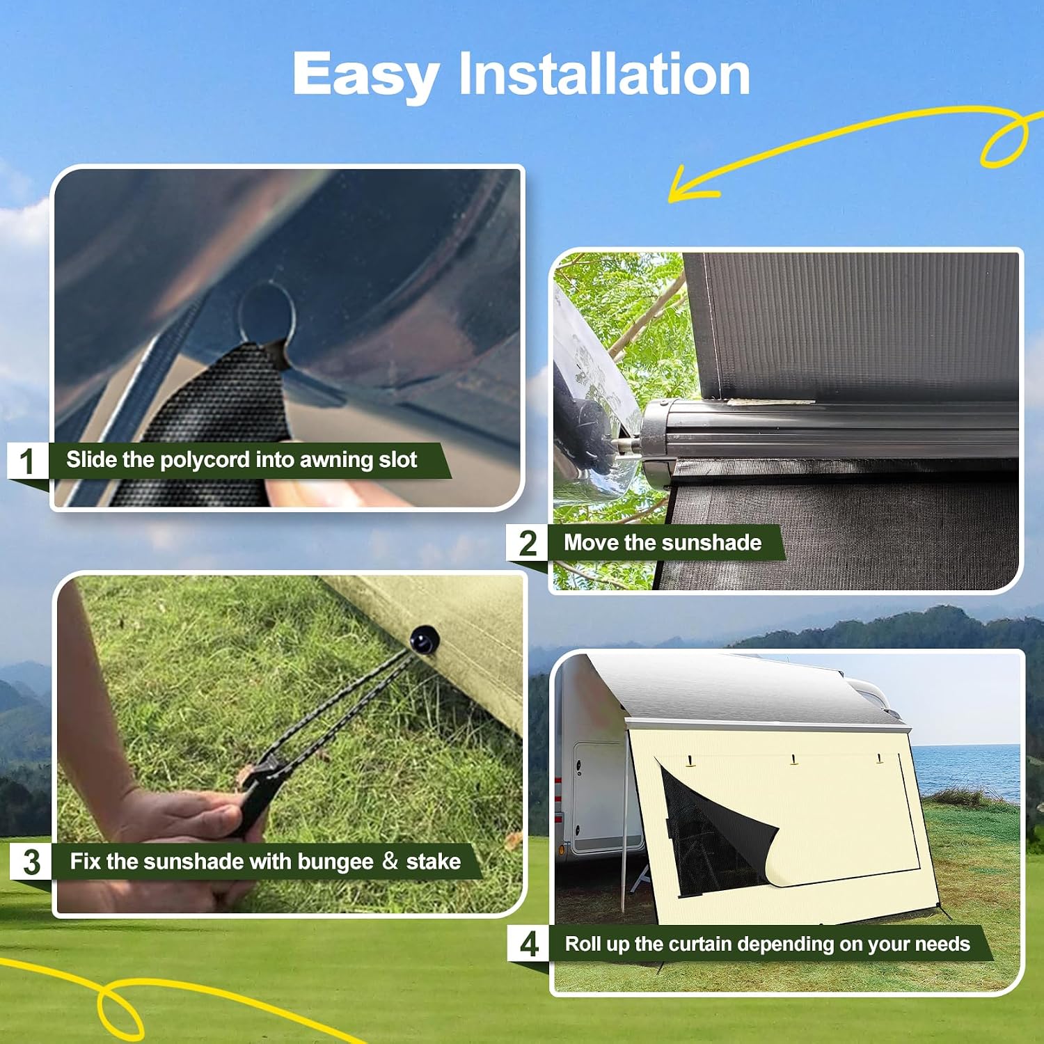 RV Awning Sun Shade Screen with Roll-Up Curtain 17'3''×8', 600D PVC Mesh ＆ Oxford for 95% UV Block ＆ Waterproof, Enhanced Privacy Screen for Campers & Trailers