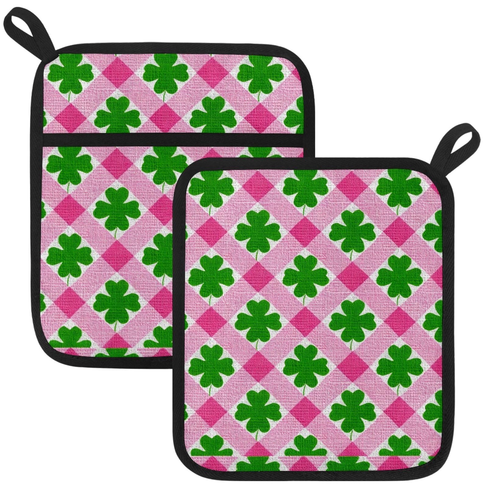 VAPOKF Green Clover Heat Resistant Pot Holders, Thick Pot Holders Pad with Hanging Loop for Kitchen, Oven Cloth Pads for Kitchen Baking Microwave Oven