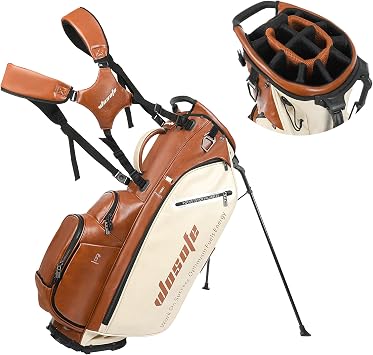 Golf Club Stand Bag PU Leather 14-Way Full Length Top Dividers Waterproof Men Women, Lightweight Multiple 8 Pockets Cooler Pouch Adjustable Detachable Shoulder Dual Straps Rain Cover Hood