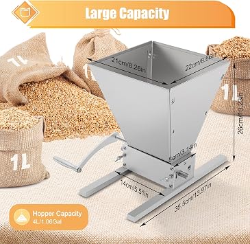 Malt Mill Crusher Grain Mill Brewing, Grain Mill Grinder with Adjustable Roller Gap (0-2.5mm) Hand Crank or Electric Drill Dual Operation Modes (Manual (Hand Crank) Stainless Steel)