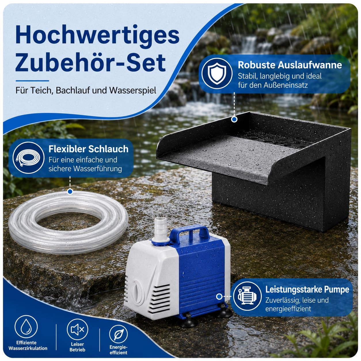 Set a cascata in acciaio inox, con pompa da laghetto da 45 W, tubo da 1,2 m e mezzi filtranti, set di filtri a cascata per laghetti da giardino, laghetti Koi, piscina e giochi d'acqua da