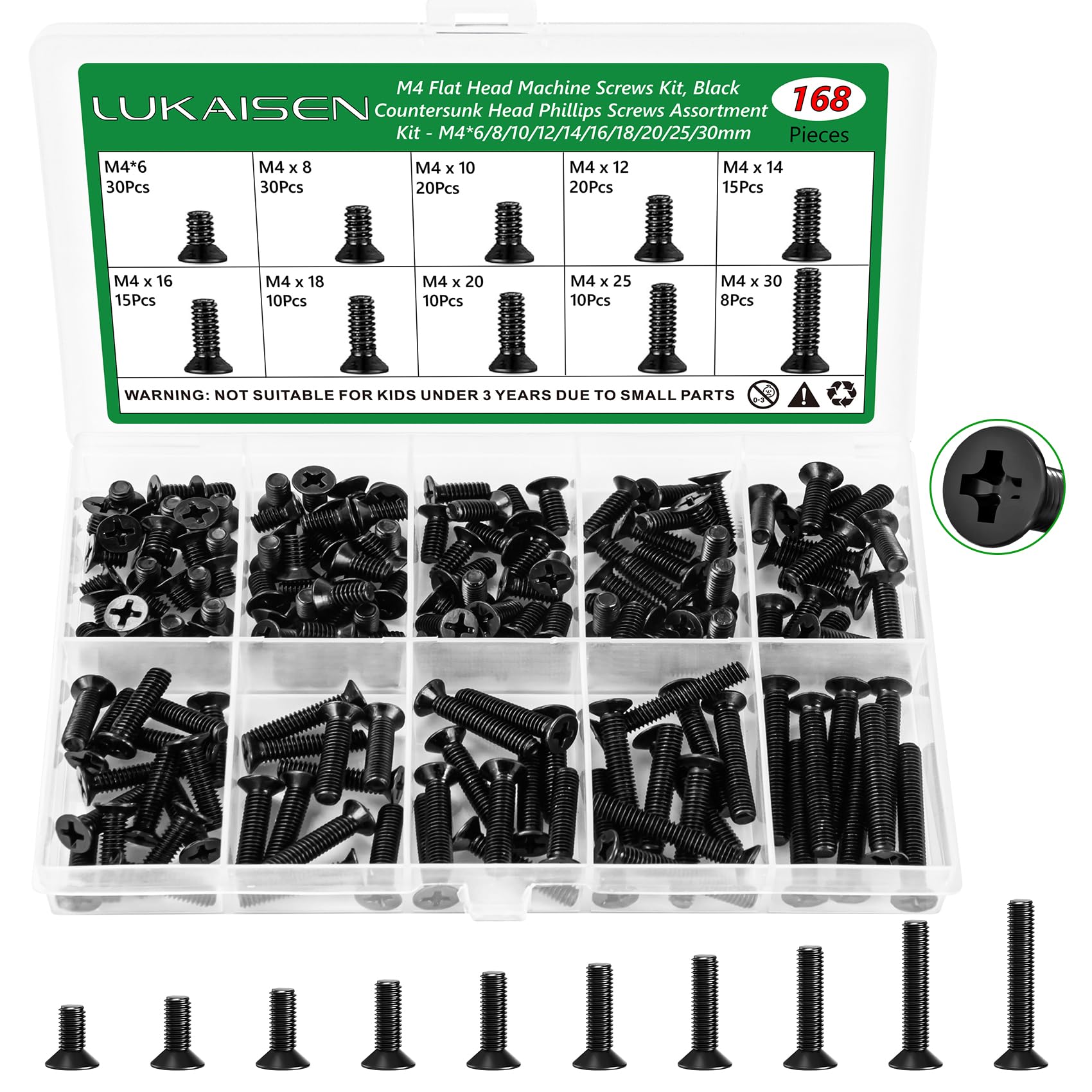 lukaisen 168PCS M4 Black Screws Assortment Kit, Carbon Steel Flat Head Countersunk Machine Bolts, Cross Drive Wood & Metal Fasteners Set (M4 x 6/8/10/12/14/16/18/20/25/30mm) for DIY, Furniture