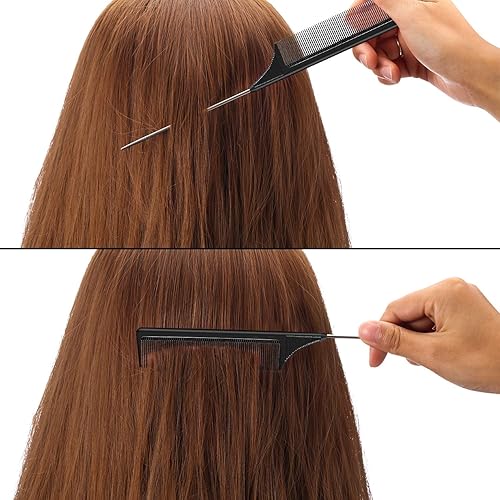 Miniatura 6 de 3 peines de cola de rata, peines de fibra de carbono con cola de acero inoxidable, resistentes al calor, con 6 clips de metal para rizos de