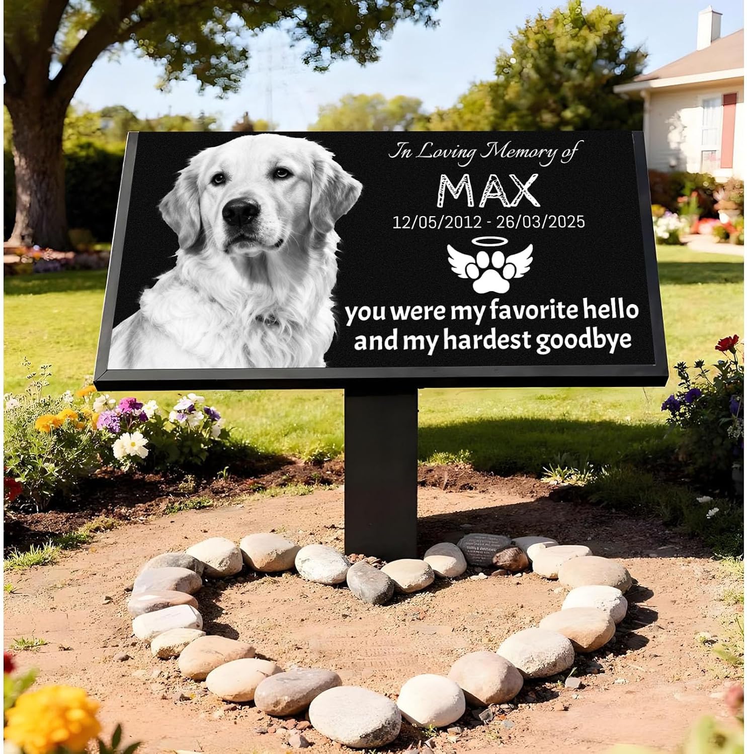 Personalized Pet Memorial Stone Plaque, Black Granite Dog Grave Marker with Custom Photo, Waterproof Dog Headstone for Outdoor Garden, Cat Tombstone Plaque, Pet Grave Stone