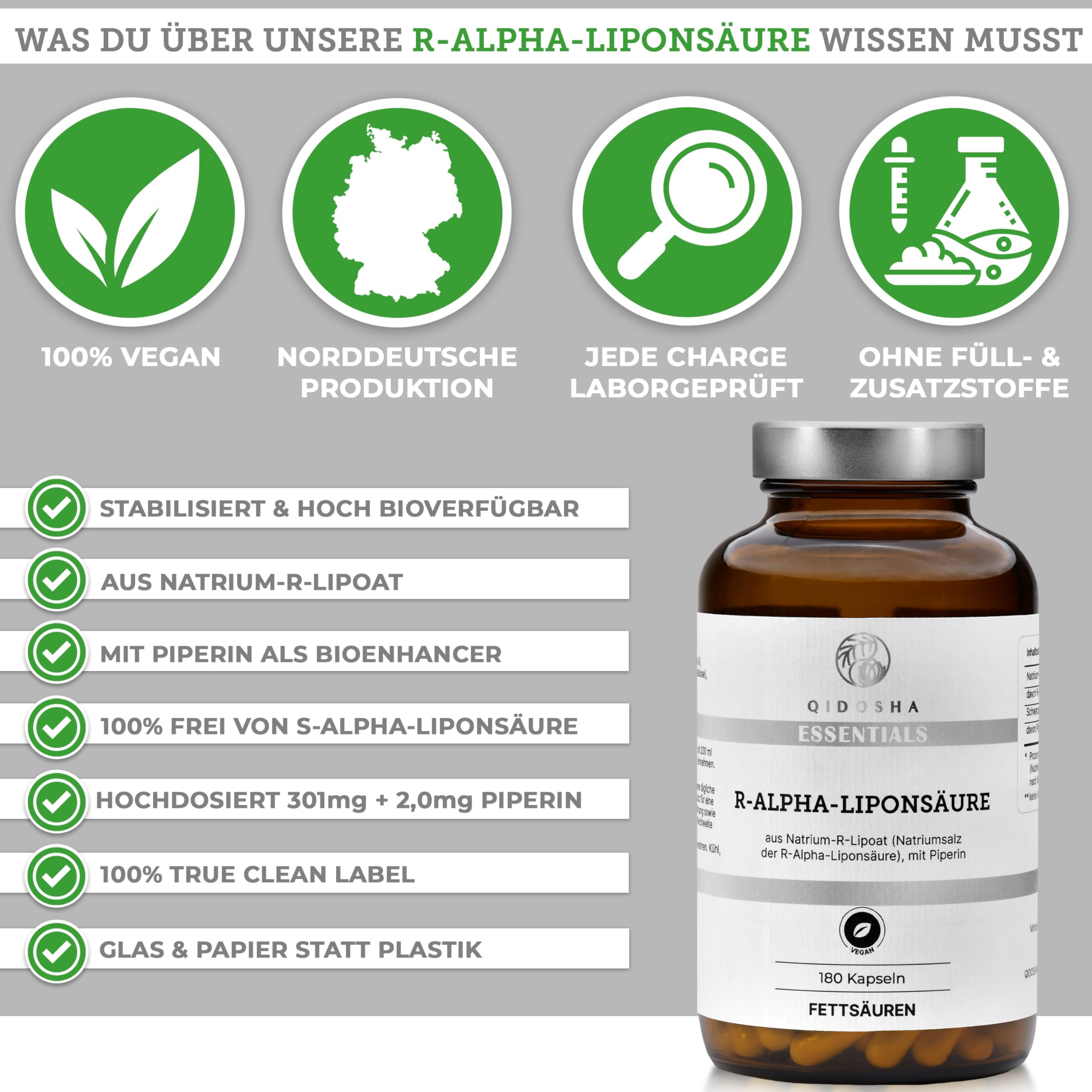 QIDOSHA® R-Alpha-Liponsäure, TESTSIEGER 07/23*, R-Alpha-Liponsäure Kapseln hochdosiert aus Na-R-Lipoat & Piperin als Bioenhancer, 180 Stk/Glas, erhöhte Bioverfügbarkeit dank Natrium-R-Lipoat