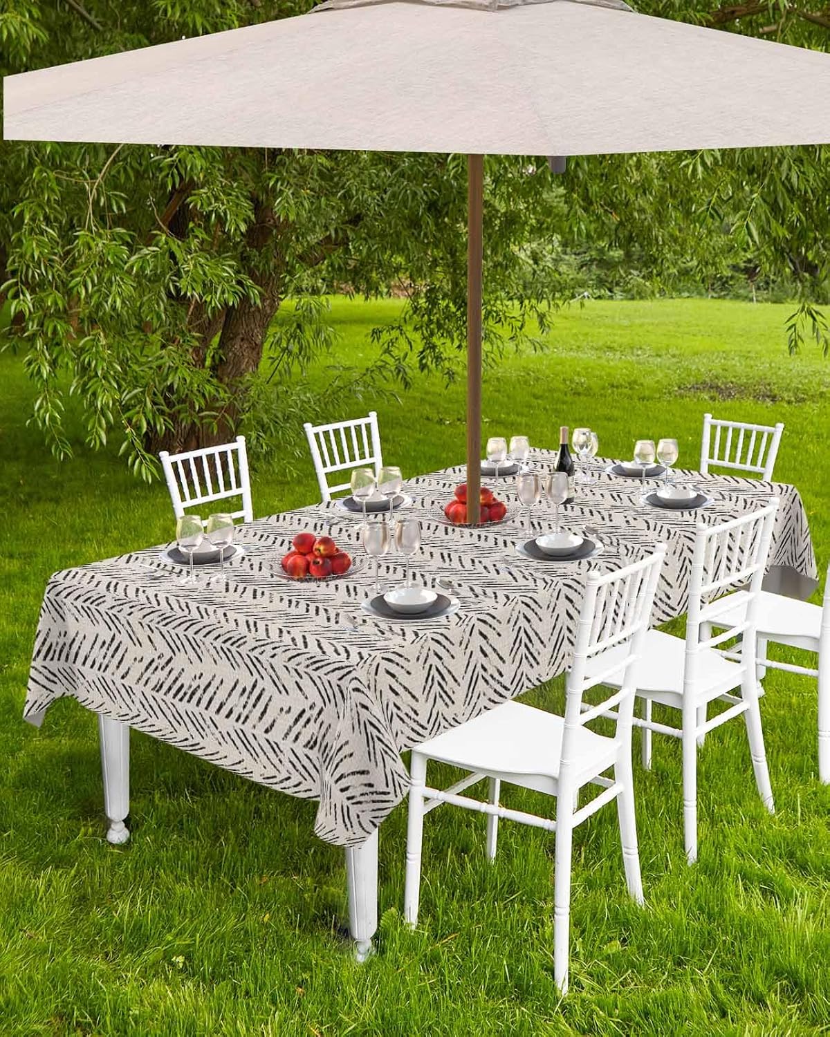 Outdoor Tablecloth with Umbrella Hole and Zipper 52" x 70" Rectangular Abstract Modern Art Beige Water Repellant Table Cover Tabletop Collection for Party Patio Picnic
