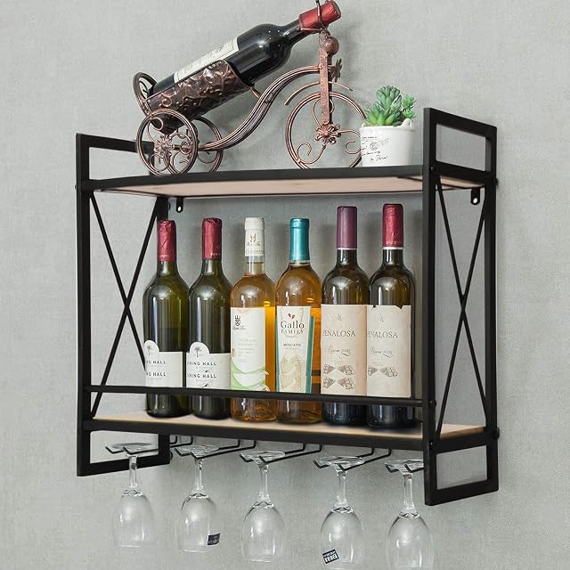 ybaymy Industrial Wine Rack 2-Tiers Wall Mounted Bar Shelves Home Wine Storage Racks with 5 Glasses Holder Hanging Rustic Wine Holder Wine Display Shelf for Kitchen, Dining Room, Pantry, Cabinet