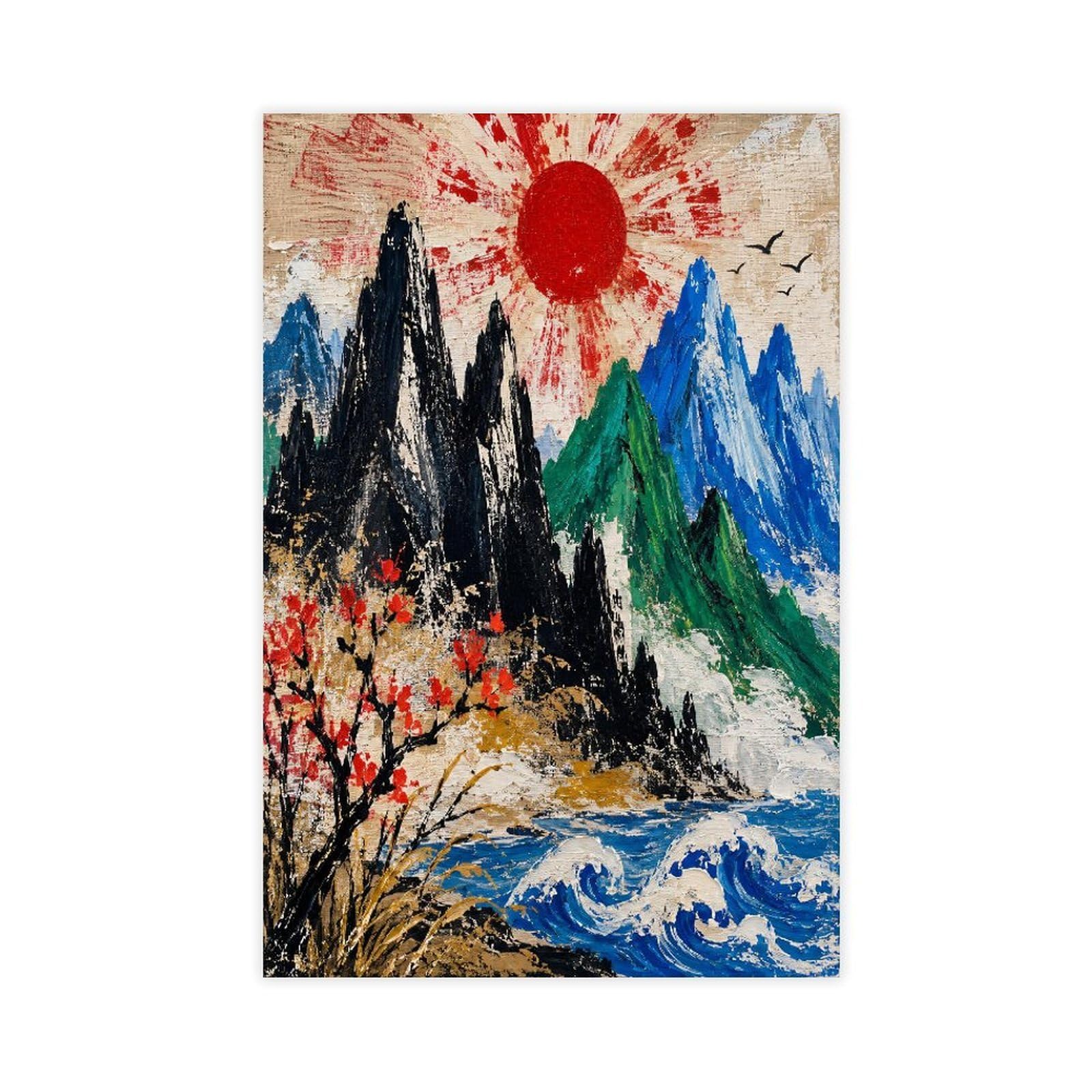 H3b8u2y5 Unframe-Style-17 Black Mountain River Canvas Wall Art, Japanese Woodblock Hallway