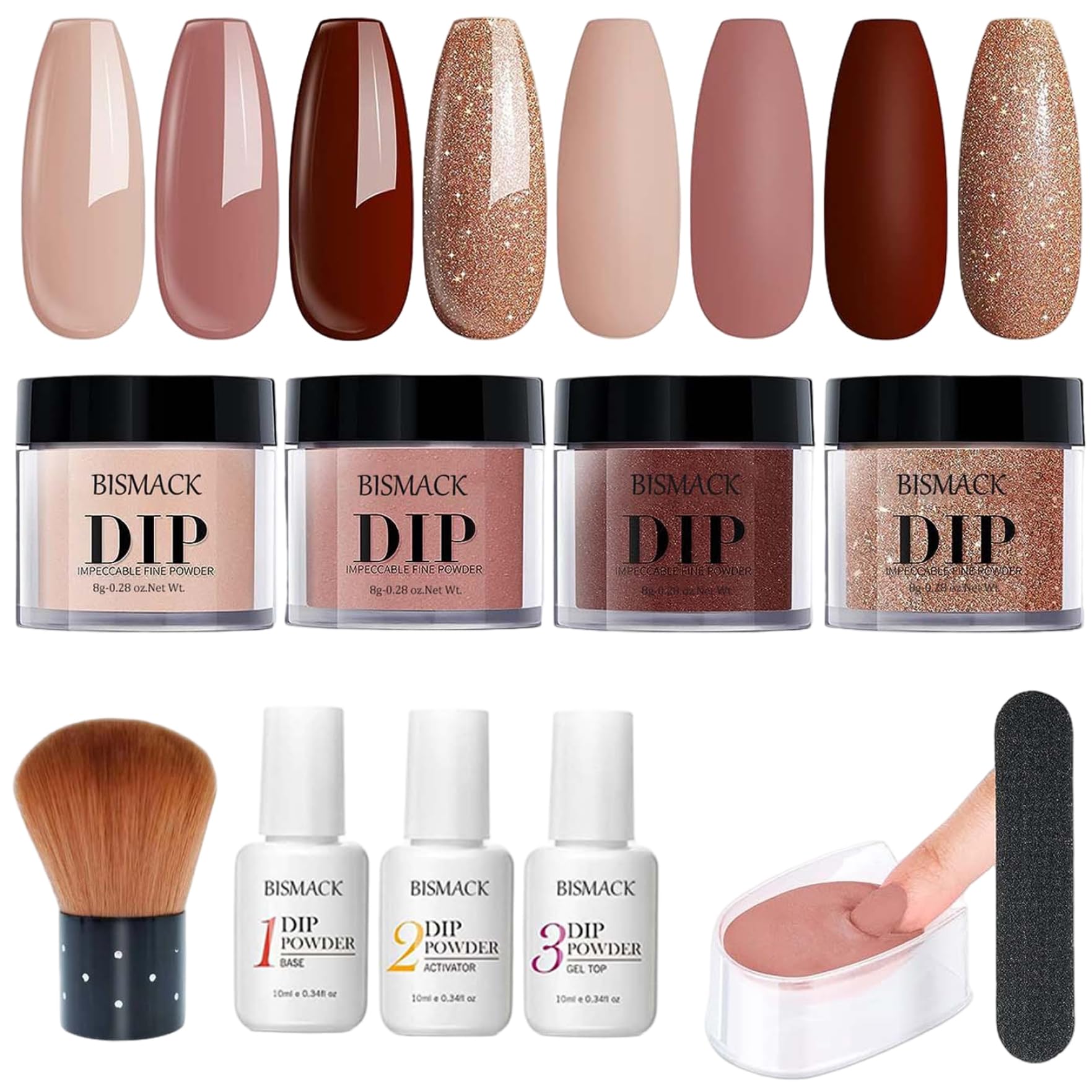 Juego de 10 unidades de polvo para inmersión de uñas, polvo de inmersión de 4 colores con activador de capa Base/superior, kits de uñas para bricolaje, marrón