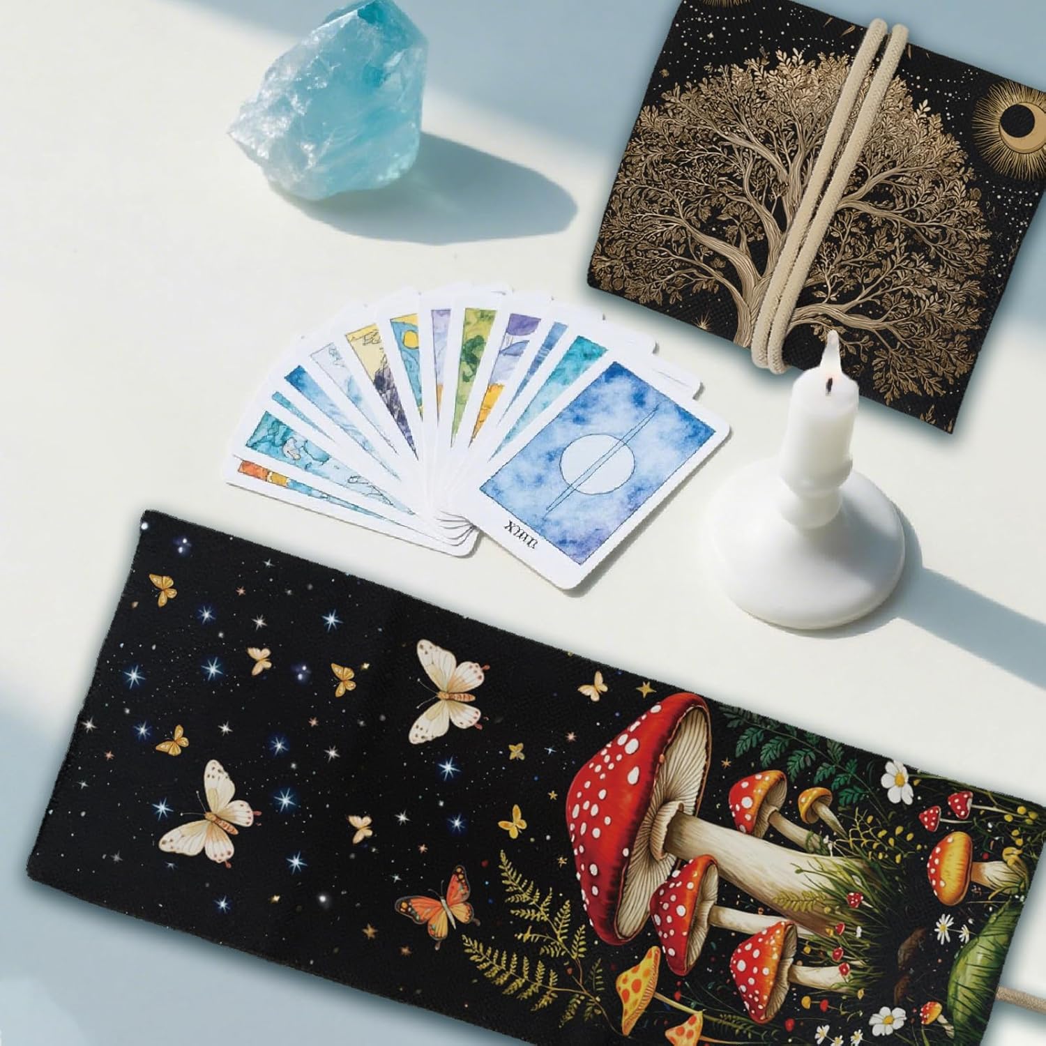 GLOBLELAND 2Pcs Mushrooms Tarot Card Holder with Layout Pattern Moons Phase Polyester Tarot Bag Tree of Life Divination Large Storage Pouch Accessories for Playing Cards and Tarots