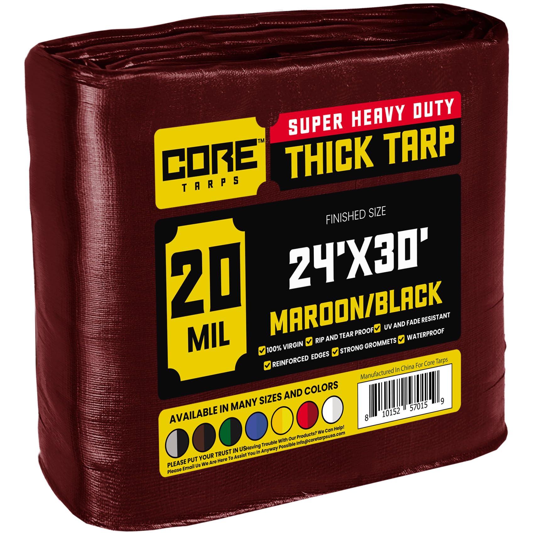 Core Tarps Extreme Heavy Duty 20 Mil Tarp Cover, Waterproof, UV Resistant, Rip and Tear Proof, Poly Tarpaulin with Reinforced Edges for Roof, Patio, Pool, Boat (Maroon/Black 24′ X 30′)